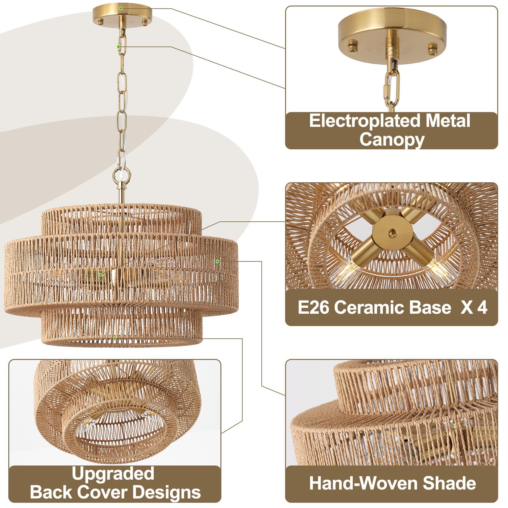 Giutna 17.7''Large Boho Rattan Farmhouse Chandeliers For Dining Room,4-Light Rattan Hand-Woven Rustic Drum Chandelier Pendant Li