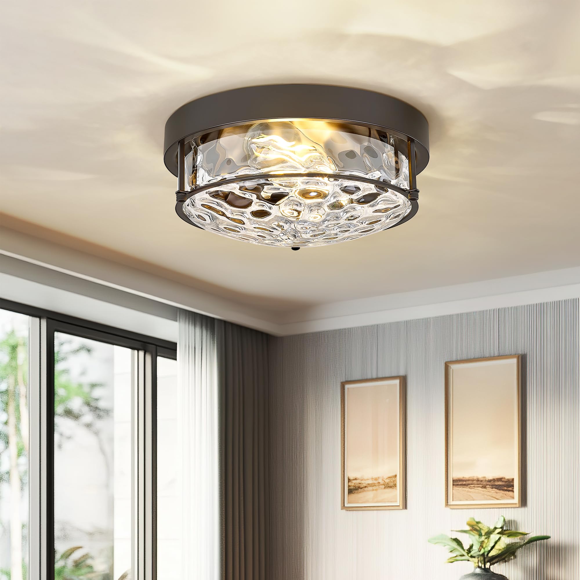 Cargifak 12-Inch Flush Mount Ceiling Light, Hammered Glass Shade, Oil Rubbed Bronze Finish, Model CKCL4822-2W-HGORB
