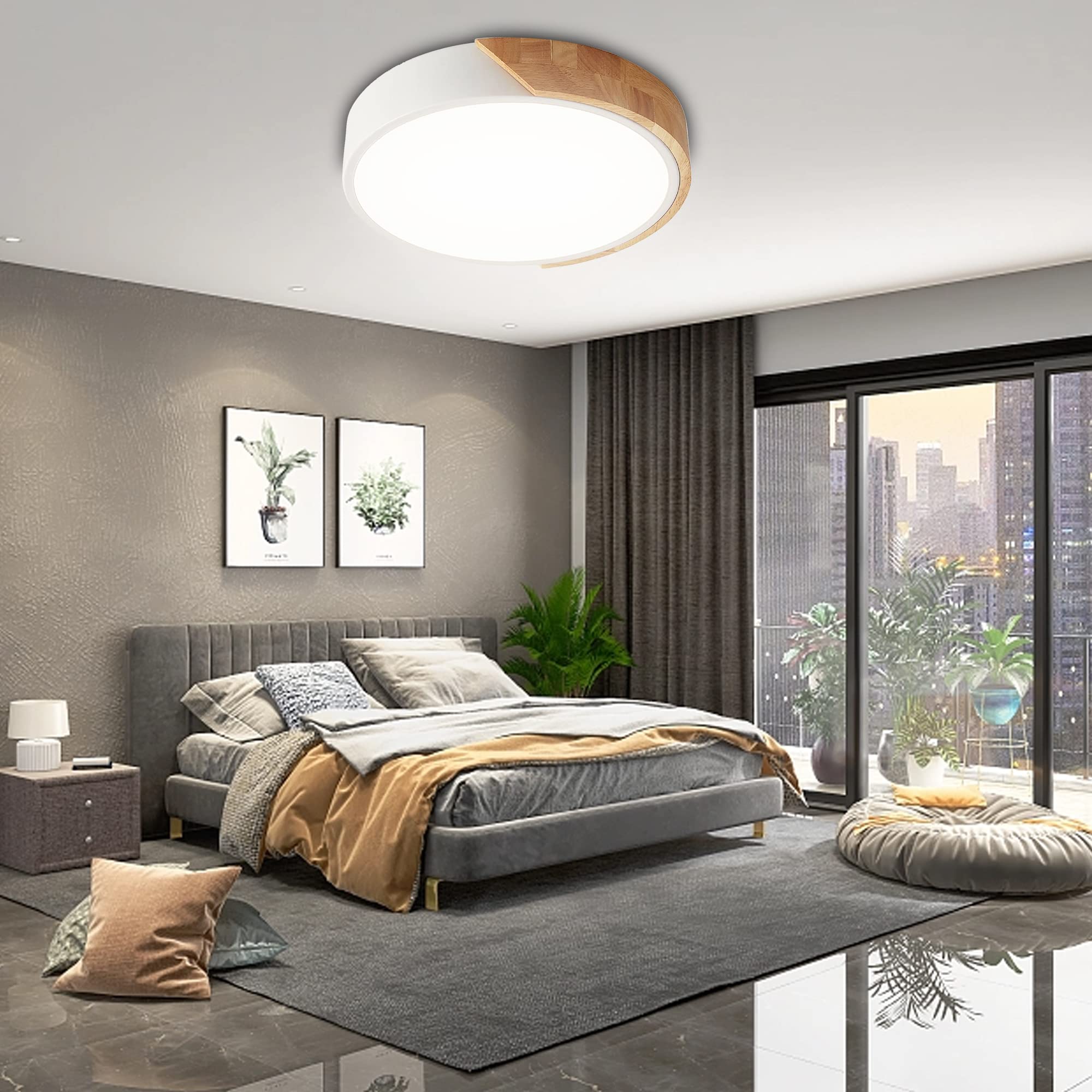 Flush Mount Ceiling Light  12 Inch Led Ceiling Light Fixture  Matte White With Wood  4500K/24W(150W Equiv.)  Not Dimmable Indoor Lighting Fixtures Ceiling For Bedroom And Hallway