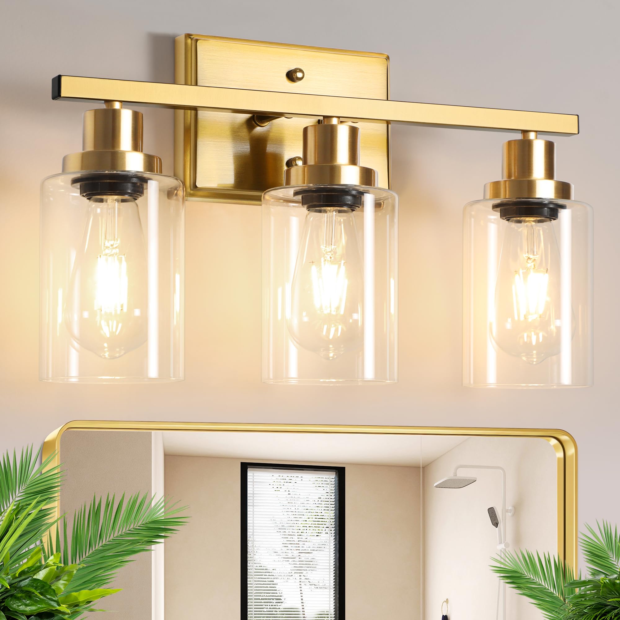 Ascher Bathroom Vanity Light Fixtures  3 Light Wall Sconces Lighting With Clear Glass Shade  Gold Wall Lights For Mirror  Kitchen  Living Room  Gallery  E26 Base (Bulbs Not Included)