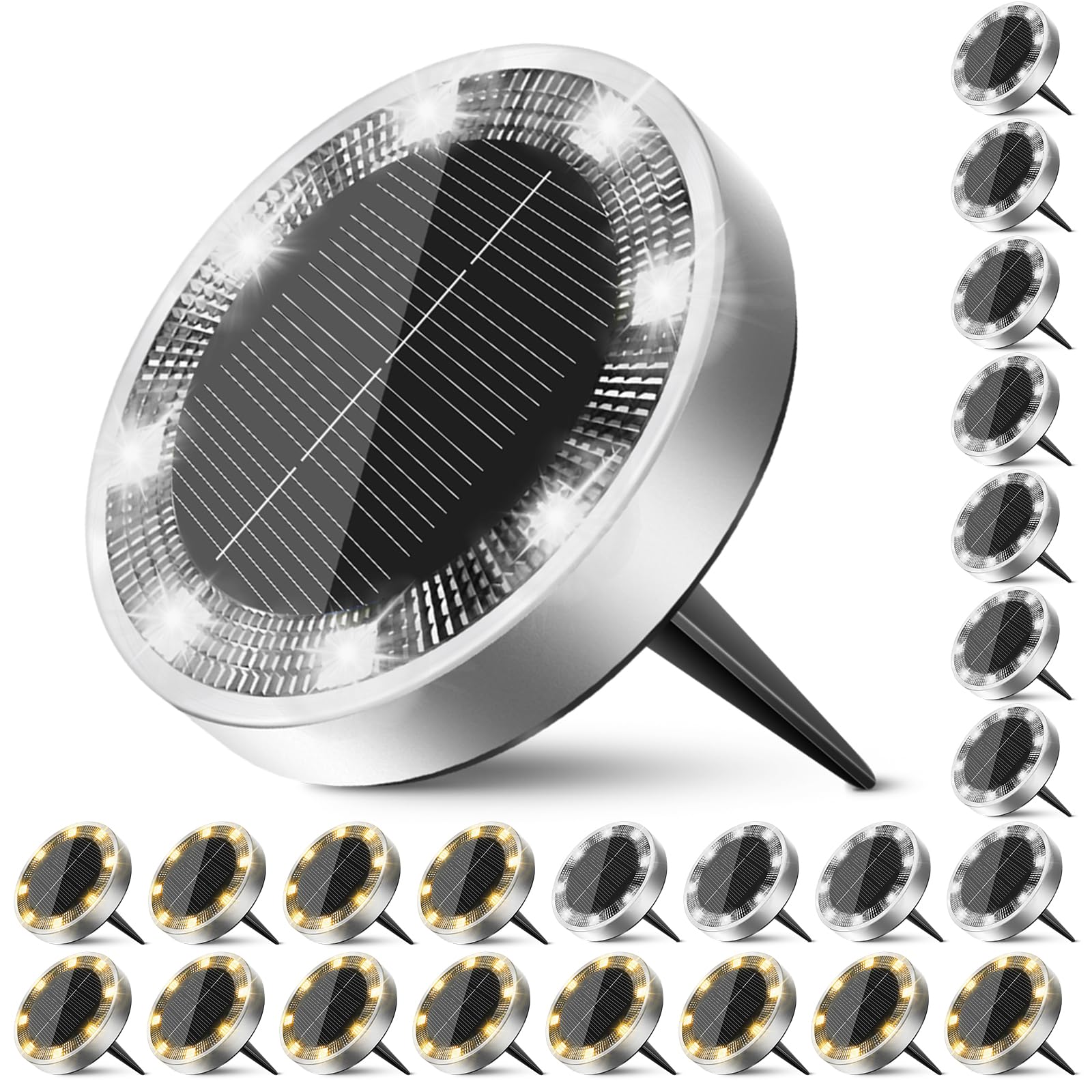 Peasur Solar Ground Lights Outdoor  24 Pack Flat Solar Powered Disc Lights  Ip68 Waterproof  Anti-Rust  Landscape Lighting For Pathway Garden Lawn Walkway Landscape Driveway  Warm White+Cool White