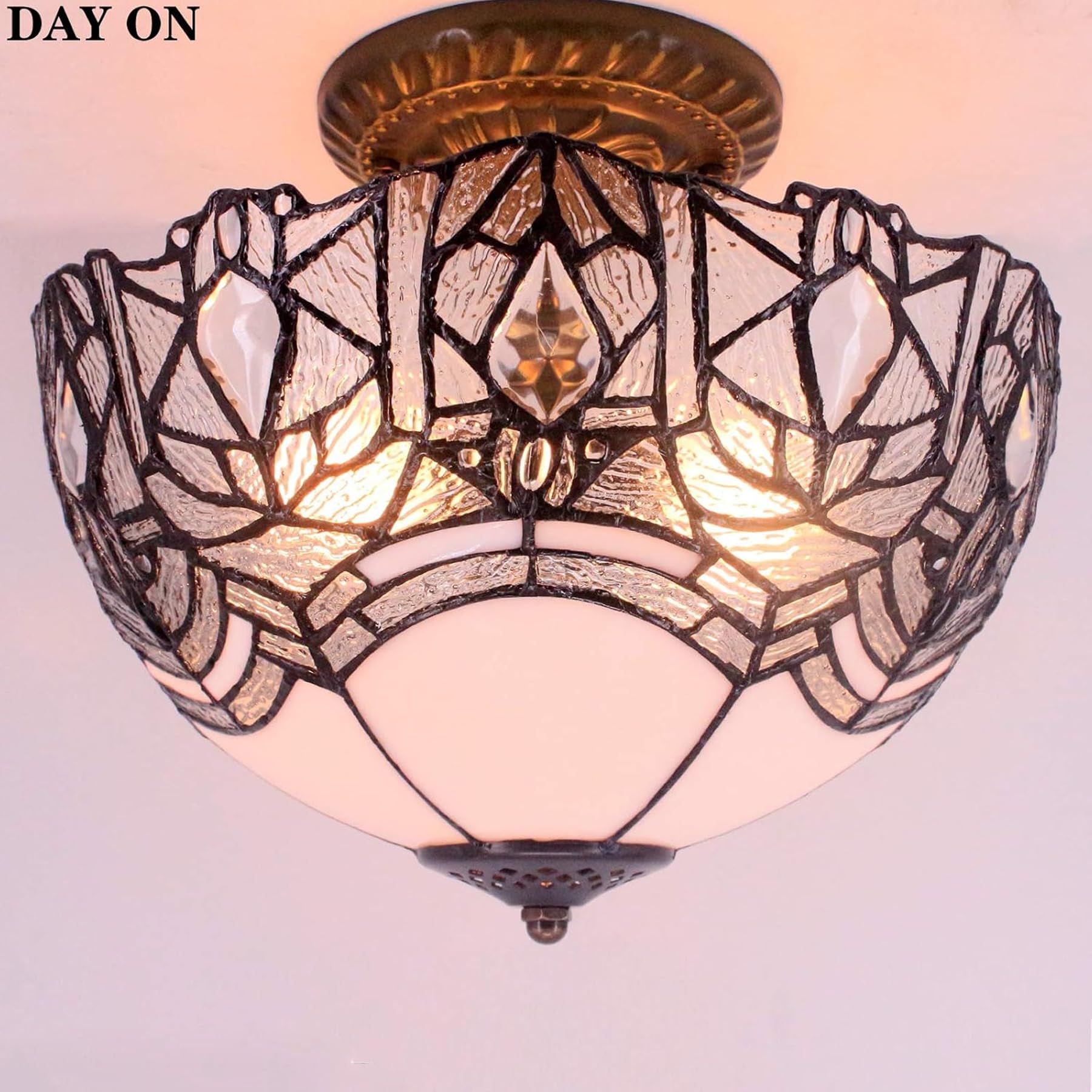 Werfactory Tiffany Ceiling Light Fixture, Crystal Bead, 12X11 Inch, White Stained Glass, Semi Flush Mount, S508W Series