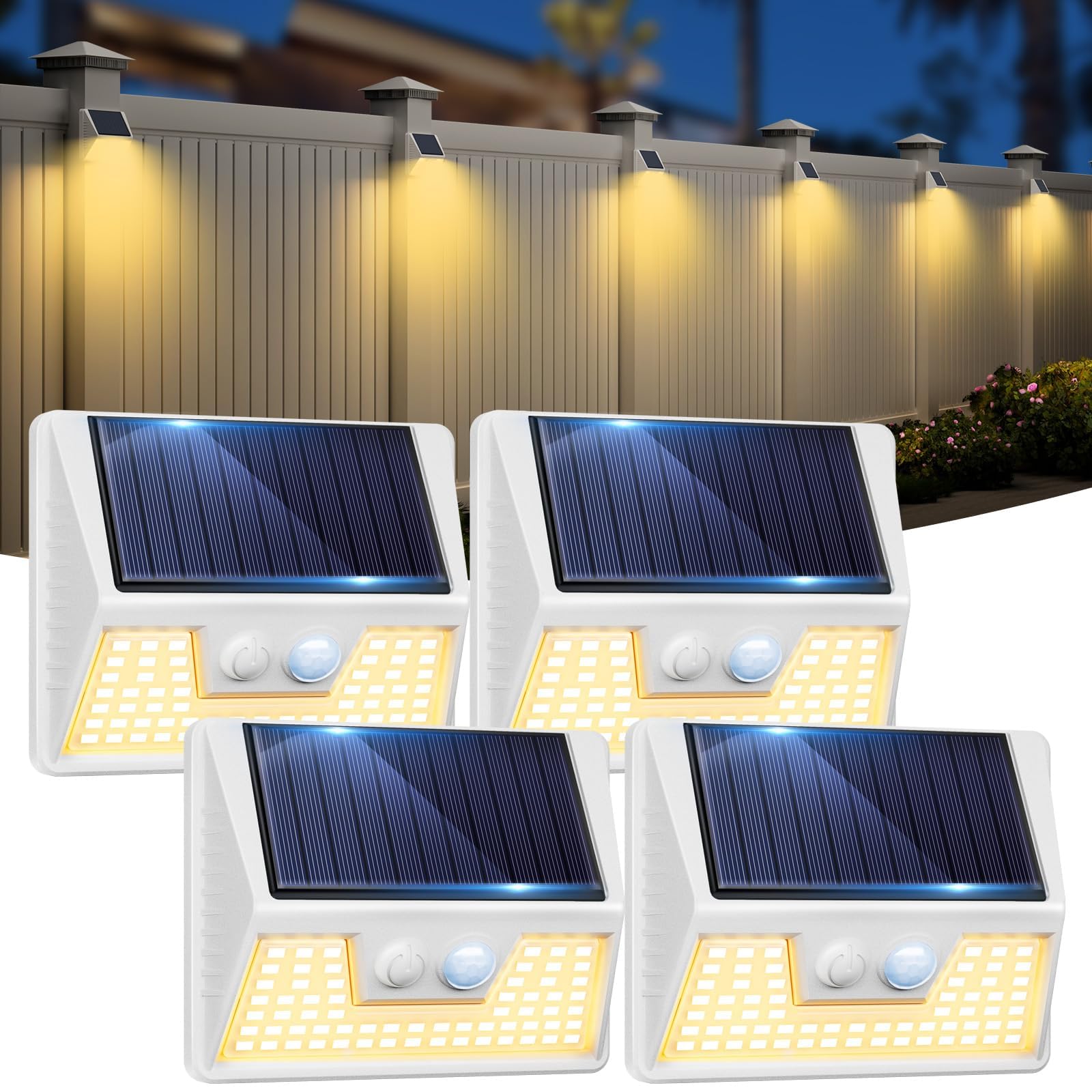 vighep Solar Fence Lights 4 Pack, Waterproof Motion Sensor Outdoor LED Deck Lights, Warm White, Model YHM03A, Plastic