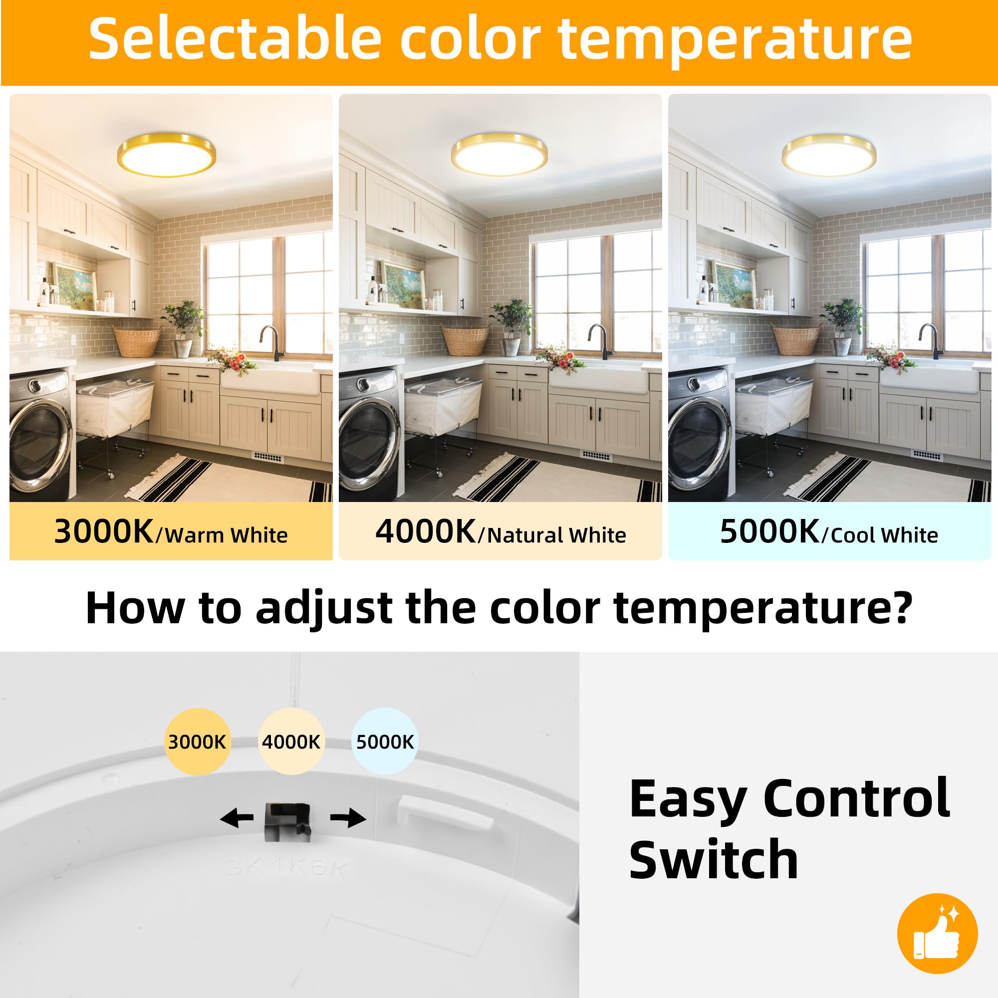 Hlite 12-Inch Flush Mount LED Ceiling Light Fixture, 24W 2400LM, 3CCT Selectable, Metal, Gold, Model CLB-1717