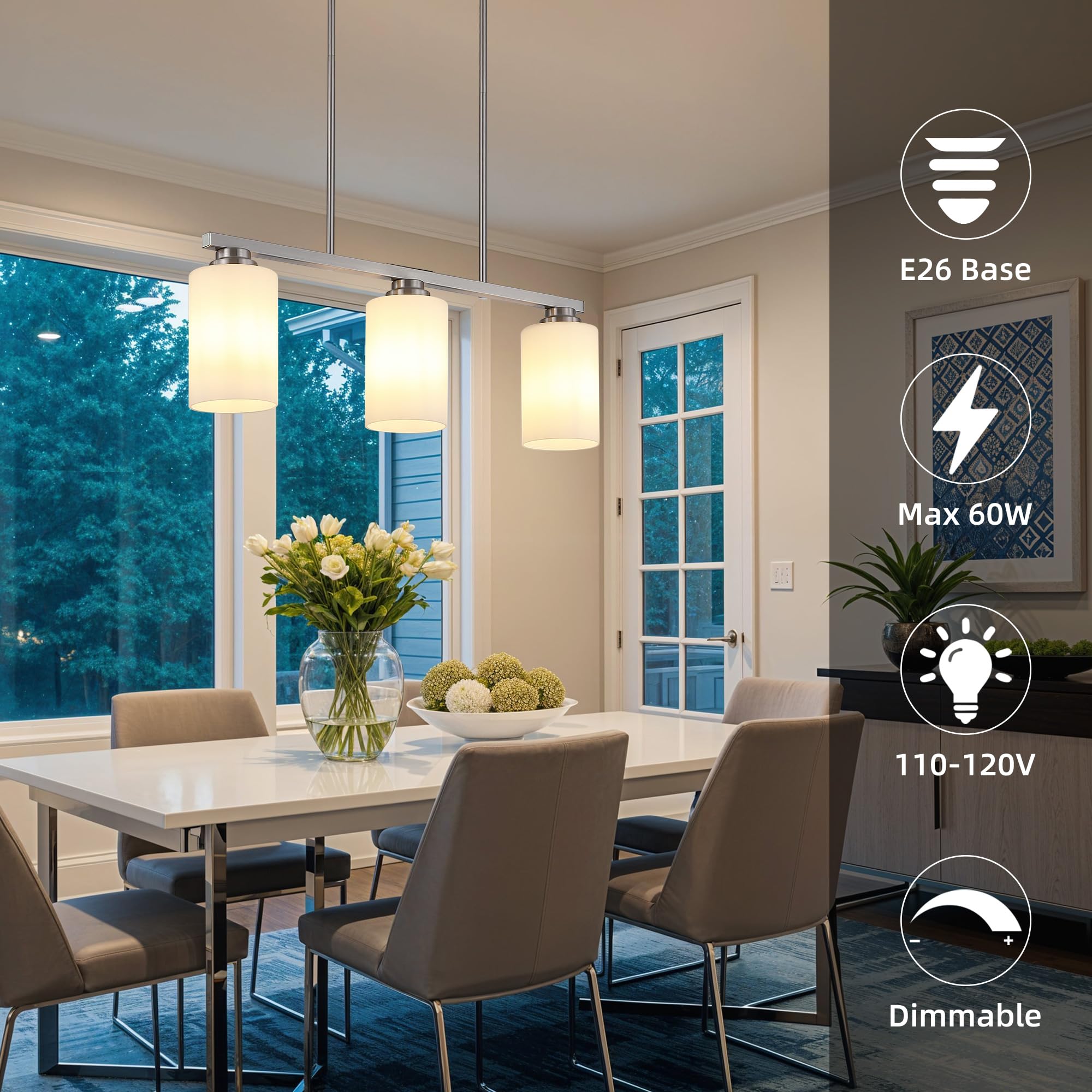 Mecgirn Island Light For Kitchen  Brushed Nickel Dining Room Light Fixture Over Table With Milk Glass Shade  3-Light Linear Chandelier Pendant Lighting For Dining Table Kitchen Island Living Room