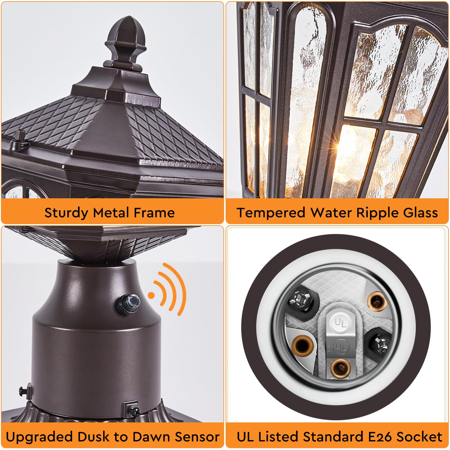 GYDZ Dusk to Dawn Outdoor Post Light, Aluminum Fixture with Water Ripple Glass, Oil Rubbed Bronze, Model B55VBR