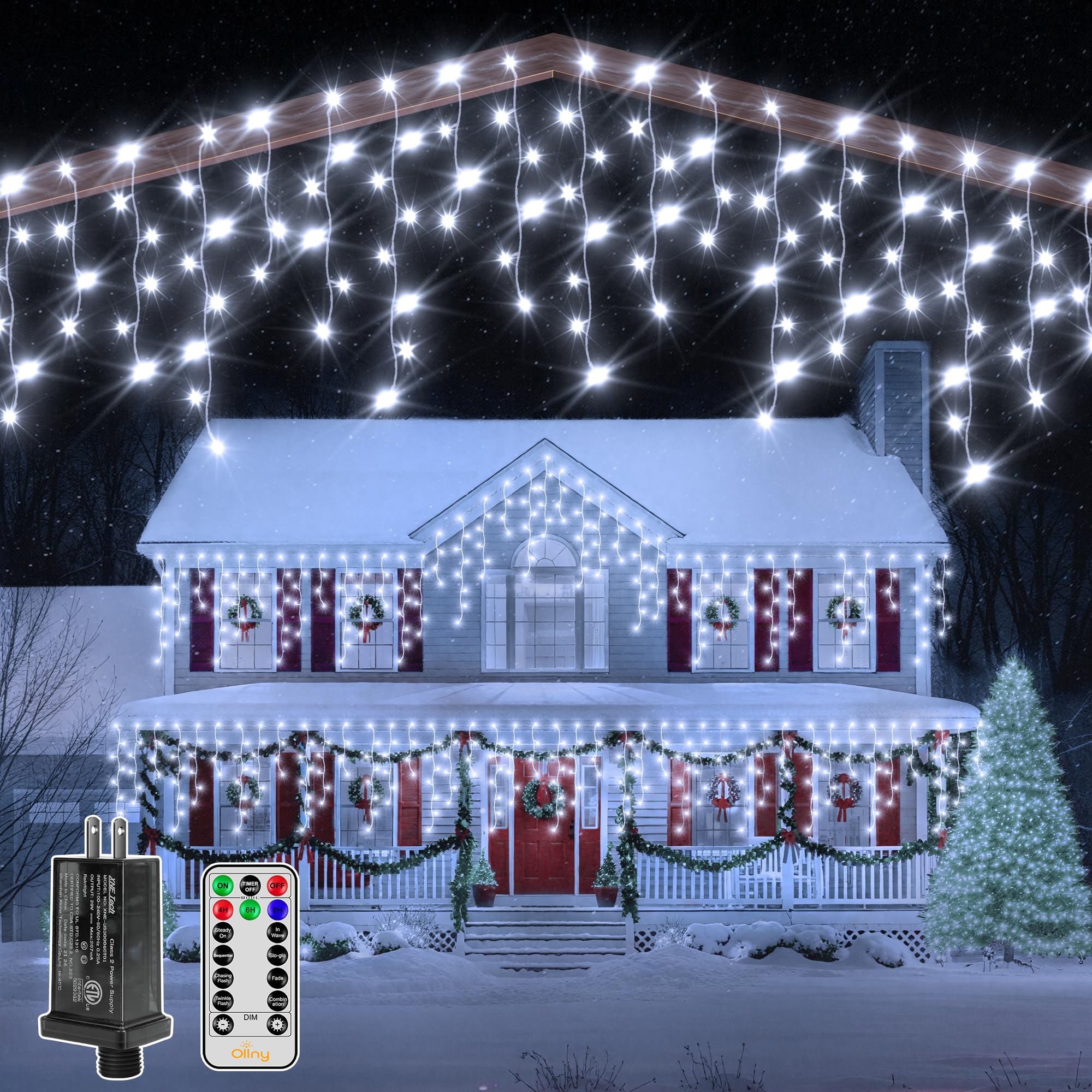 Ollny Icicle Lights for Outside 1000LED 82FT, Cool White Christmas Light with Remote 8Modes Timers Waterproof Dimmable, Plug in 