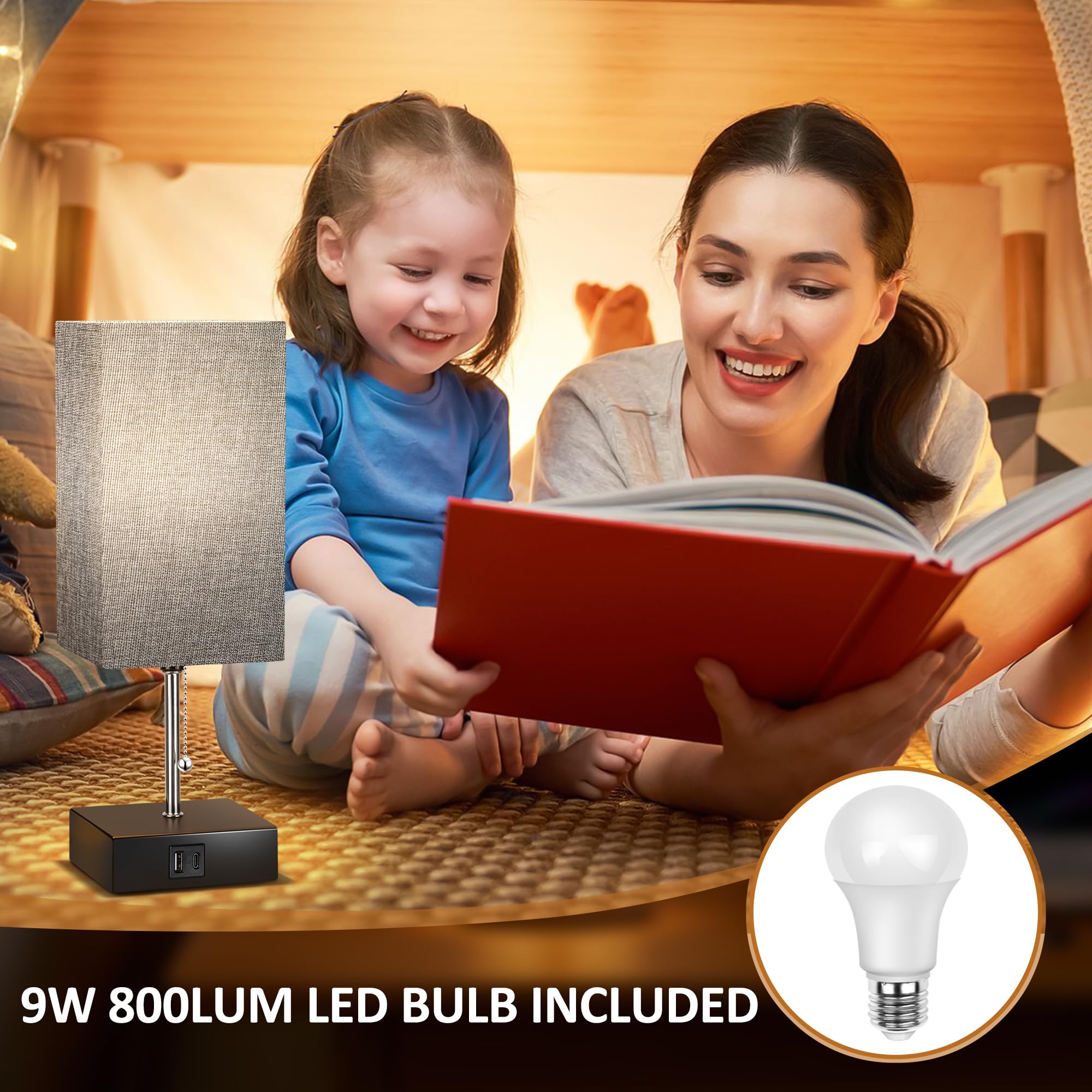 Wihtu 3 Color Temperature Bedside Lamp With Usb C And Usb A Ports Grey Table Lamps For Bedroom Nightstand Small Lamps Bed Lamp D