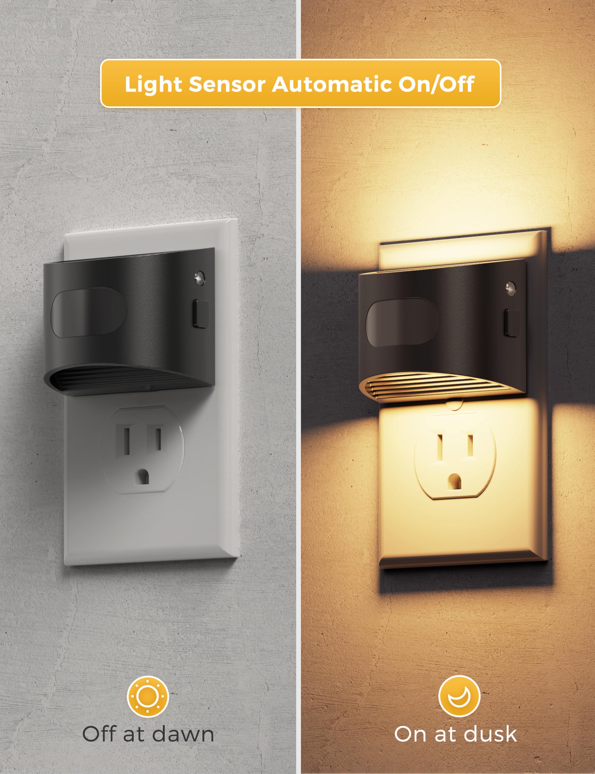 L LOHAS LED Night Light with Motion & Dusk Sensor, 2 Pack, 3000K Soft White, Adjustable Brightness, Black-3000K, Model GY17702US-