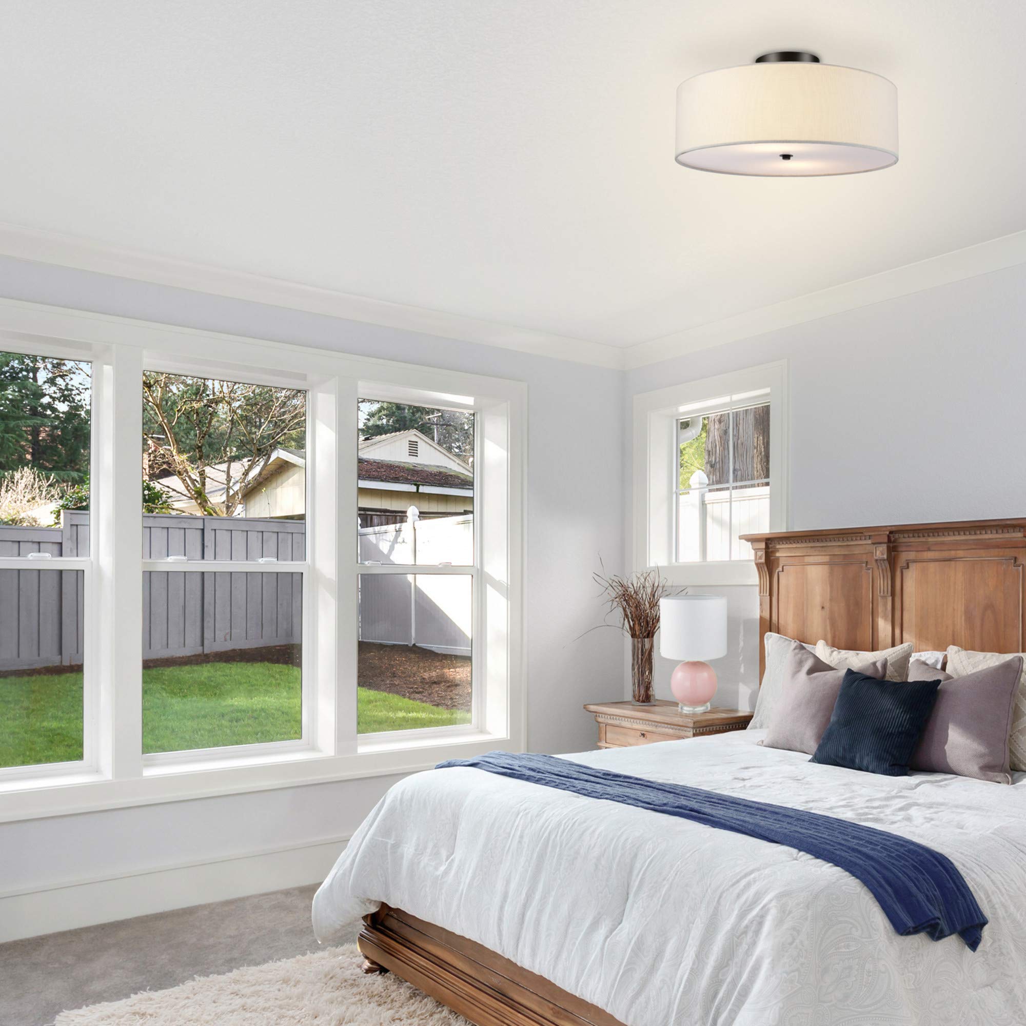 Globe Electric 60315 2-Light Flush Mount Ceiling Light, Dark Bronze, White Linen Shade, Kitchen, Lights, Bathroom, Home Essentia