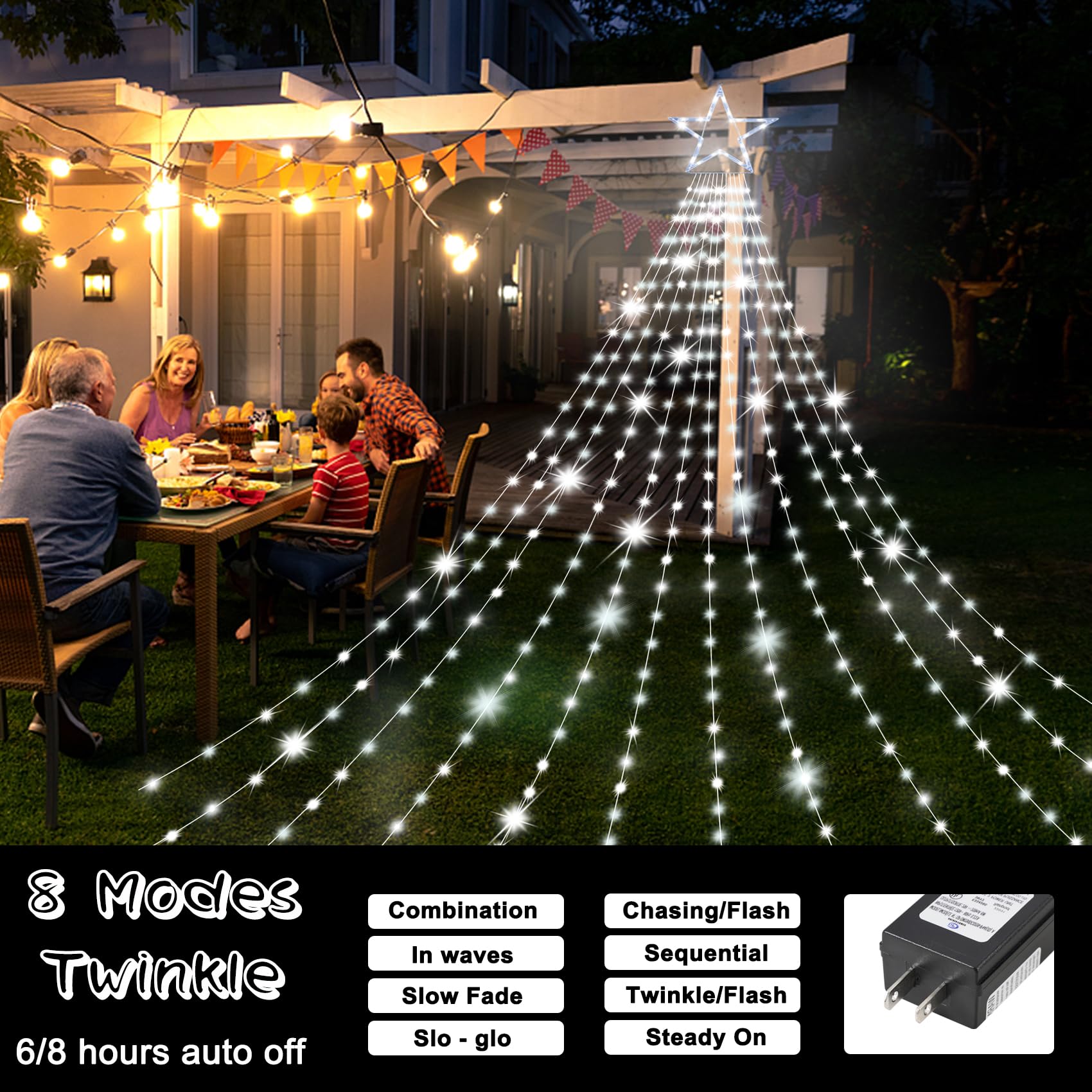 Onory Christmas Outdoor Star String Lights 23Ft 860 Led Waterproof Waterfall Tree Lights With Star Topper, 8 Modes Christmas Dec