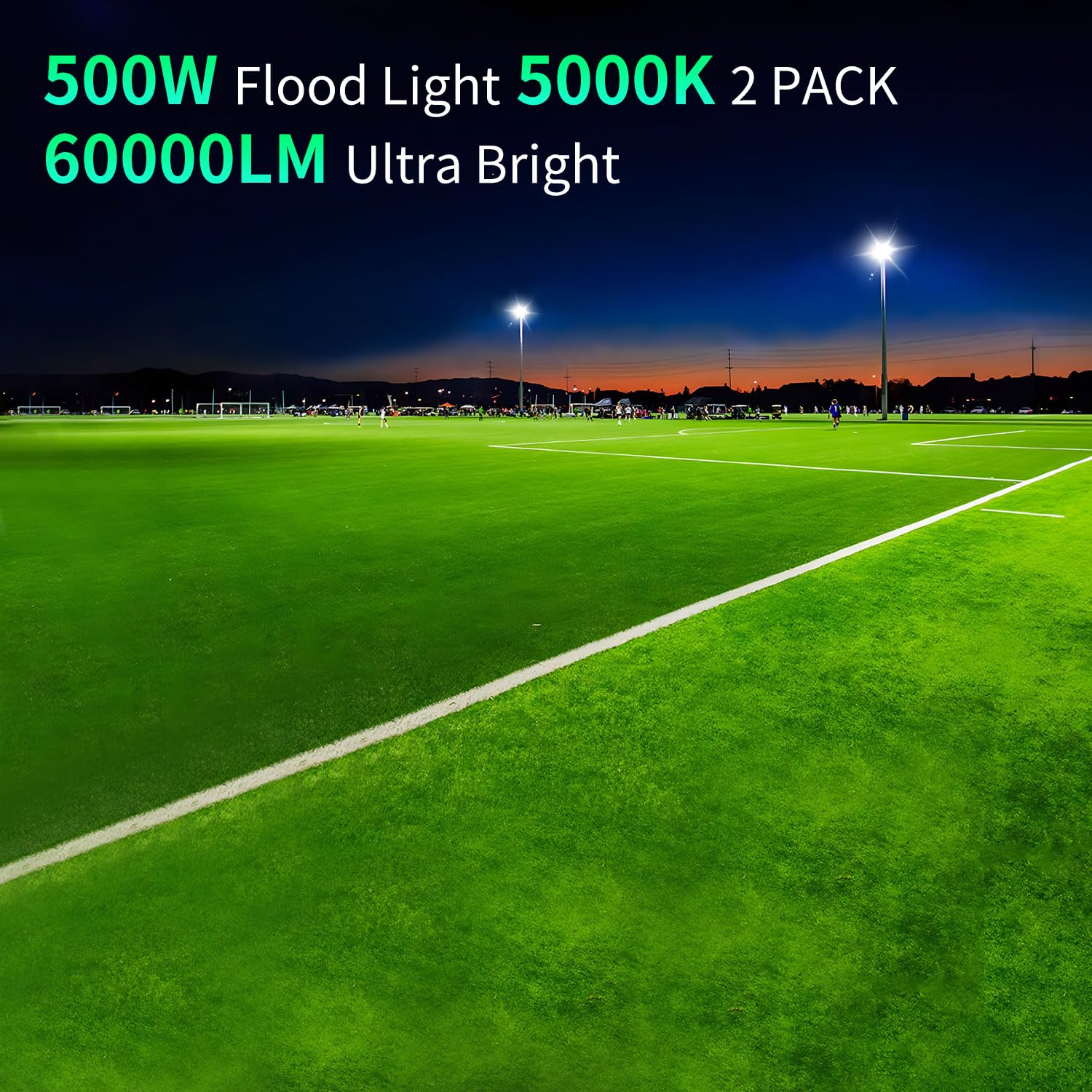 ISUERFY 500W LED Flood Light Outdoor, 60000LM, IP66 Waterproof, 5000K, Black, 2 Pack, Model SUER-FL500W-5000