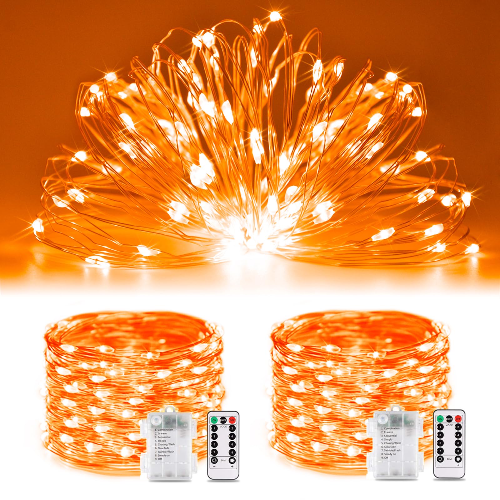 JMEXSUSS Orange Halloween Fairy Lights, 100 LED Battery Operated, 33ft with Remote, 8 Modes for Indoor Outdoor Decoration