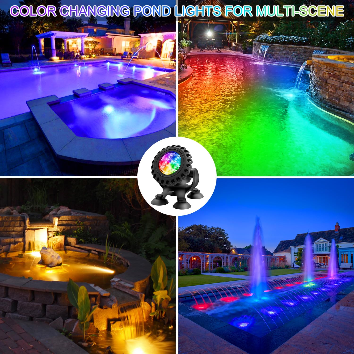 T-SUN Colored Pond Lights - LED Submersible Fountain Light, Bluetooth & Remote Control, IP68 Waterproof, Set of 1, Multicolor, Model TS-F2220