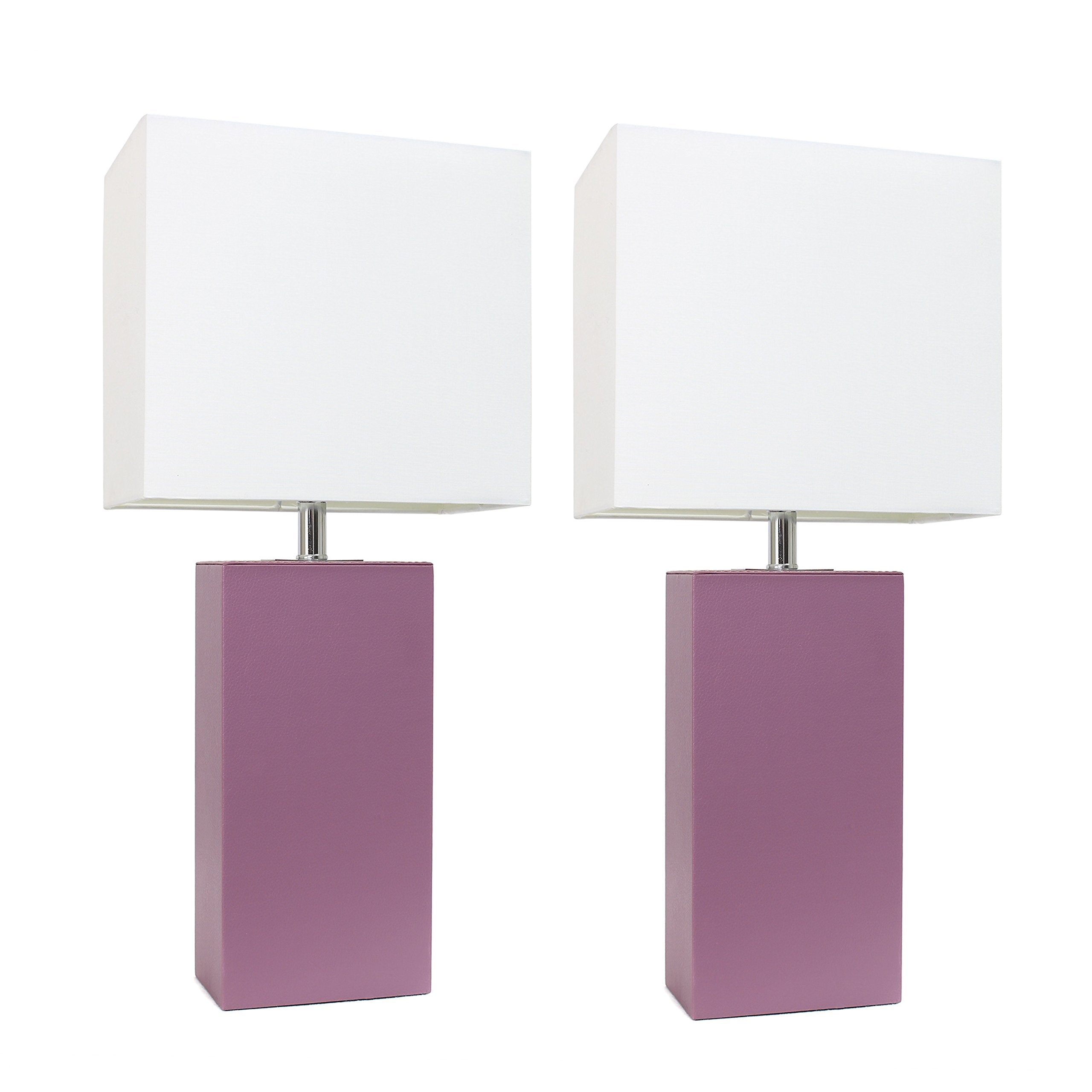 Elegant Designs Lc2000-PRP-2PK 2 Pack Modern Leather Table Lamps with White Fabric Shades Purple