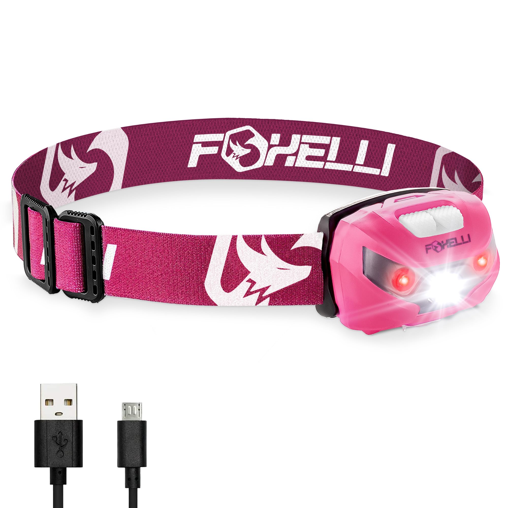 Foxelli Rechargeable Headlamp - Super Bright LED Light for Running, Camping, Hiking - Neon Pink - Model MX10P