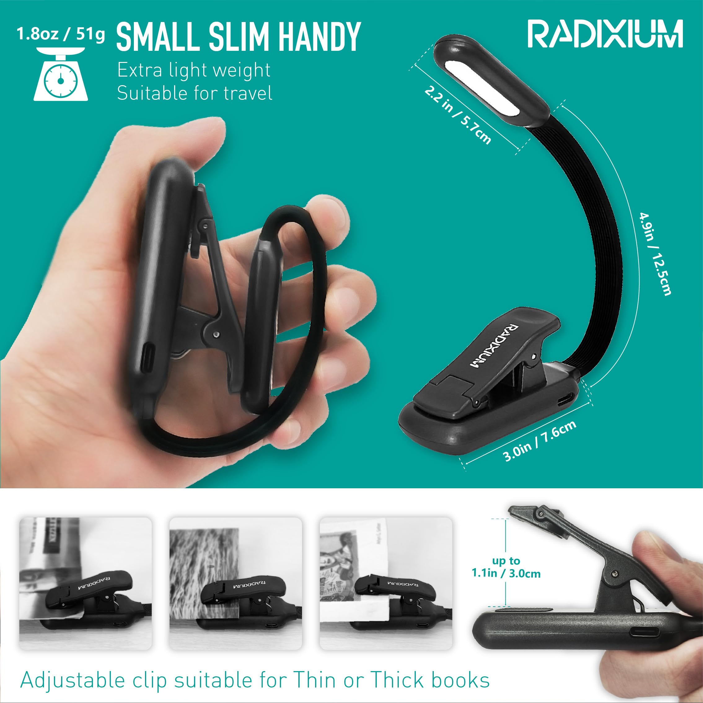 RADIXIUM Rechargeable Book Reading Light, 9 LED, 9 Color Temperatures, Stepless Dimming, Clip-On, Grey, Model AI4800BM