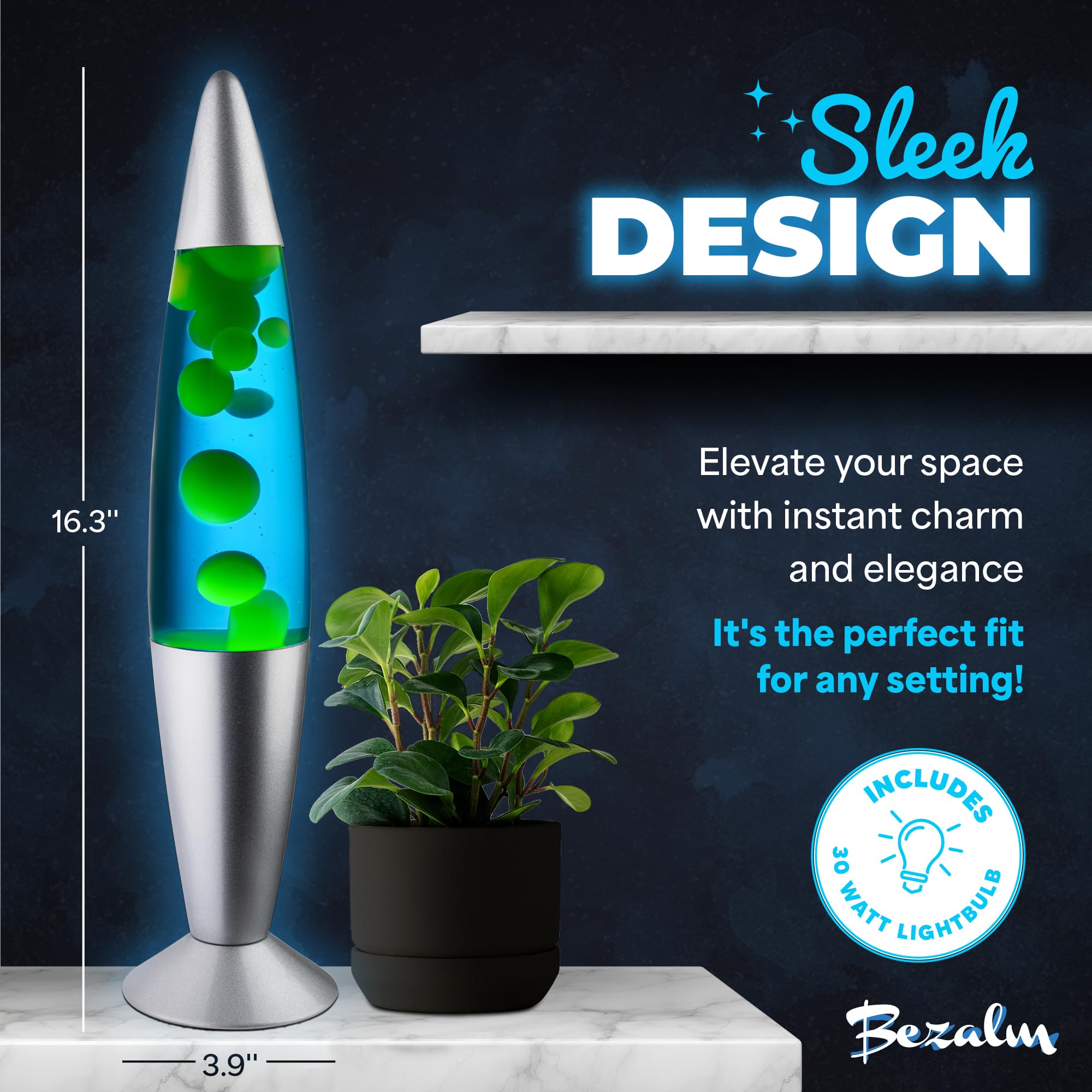 JAMBO 16-Inch Beautiful Lamp - Relaxing Night Light for Home & Office, Silver Base, Blue Liquid, Yellow Wax, Model 75010