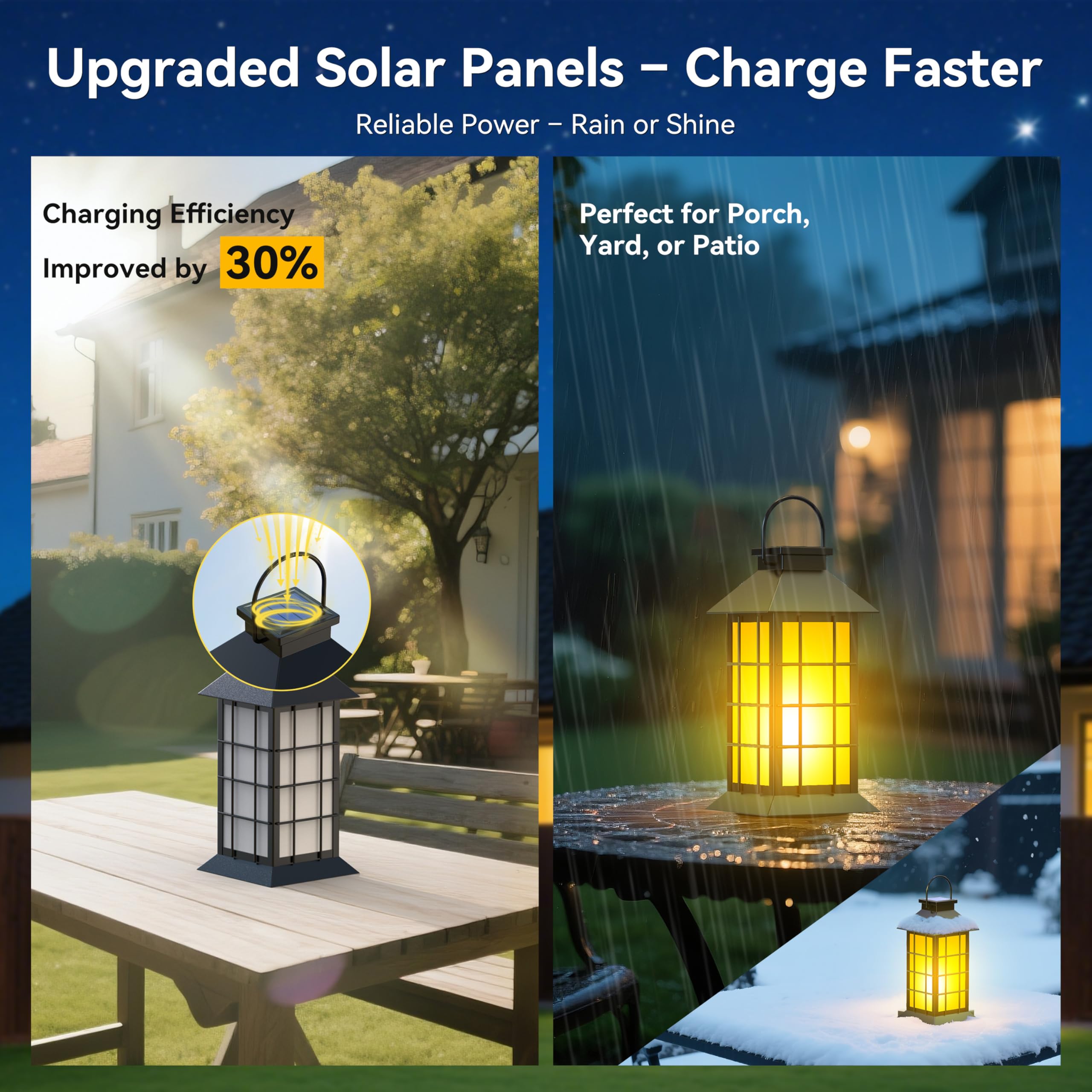 anyperfect 2 Pack Solar Lanterns - 13" Black Metal & Glass with Flickering Flame - Waterproof Outdoor Garden Lights