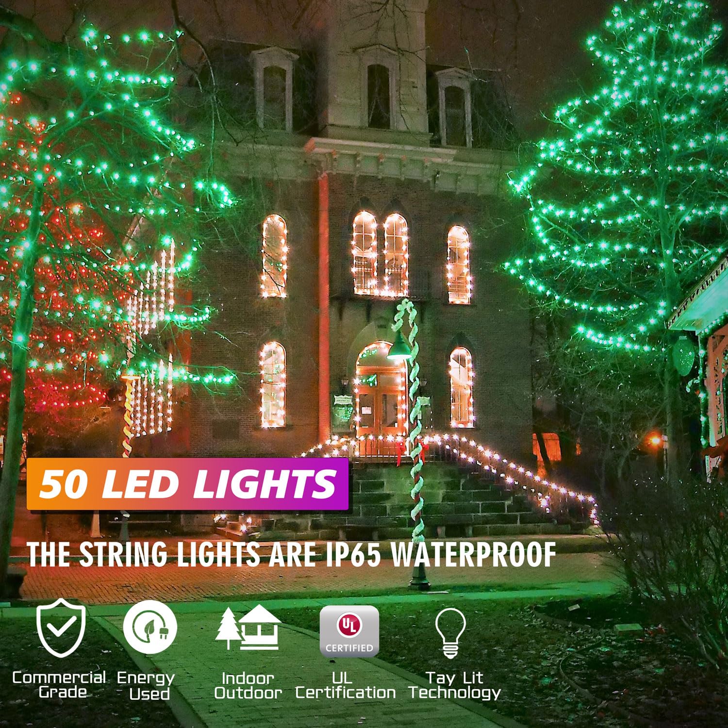 Justpro 25Ft 50 Counts Green Led Christmas Lights - Commercial Grade Green Christmas Lights Outdoor Waterproof,Led Lights 5Mm Wide Angle Green Wire, Xmas Tree Lights, Ip65, Ul