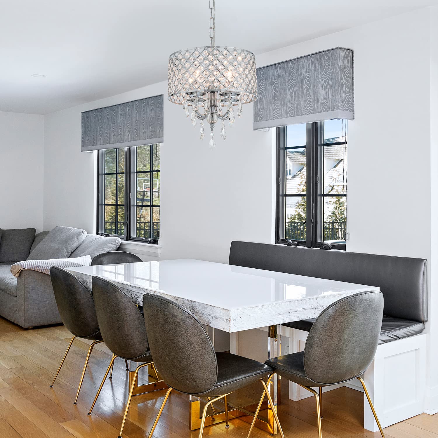 VILUXY Crystal Chandelier - Modern Chrome Pendant Light, 4-Light Drum Shade for Bedroom, Kitchen, Dining Room