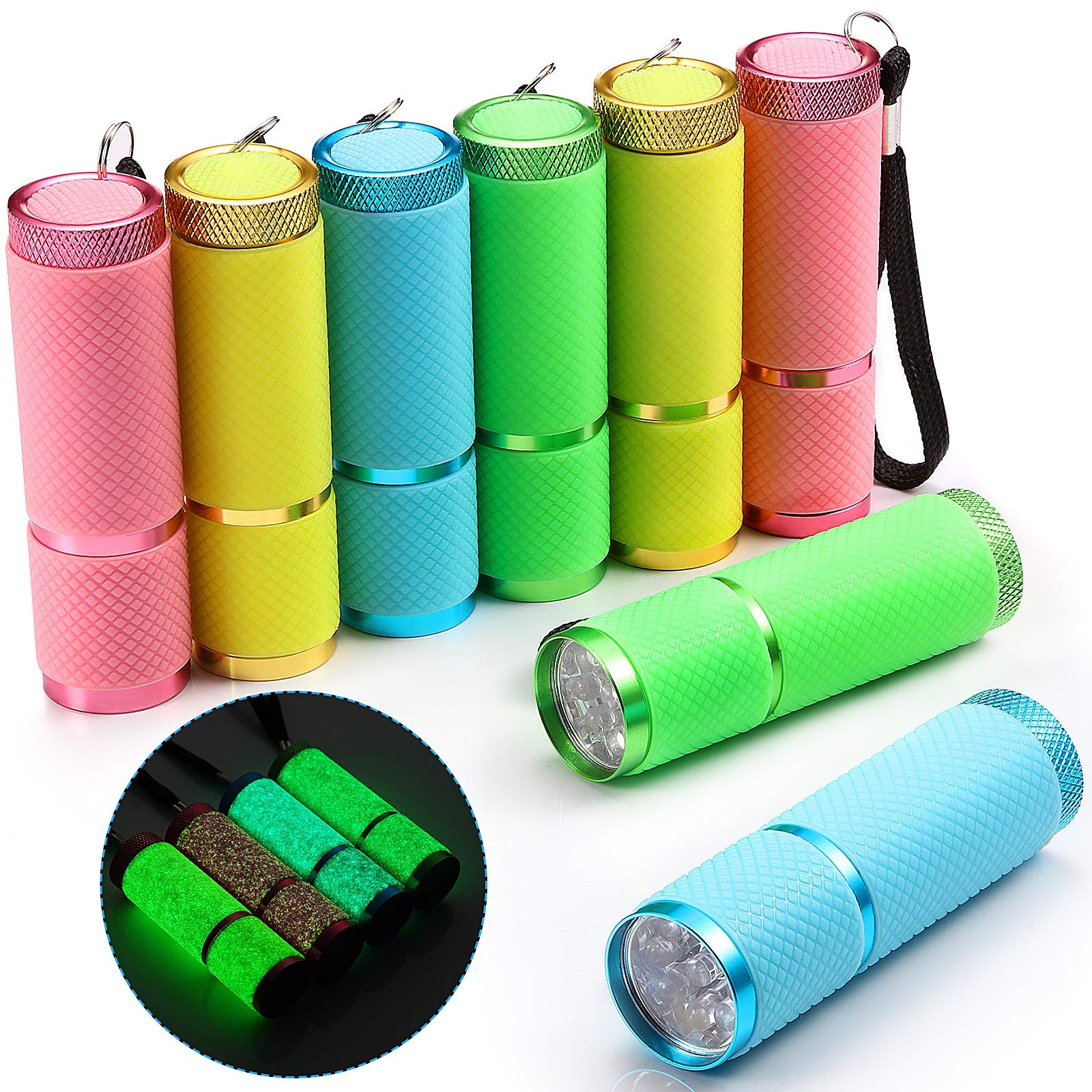 Mudder 8 Pieces Glow in Dark Flashlights 9 LED Rubber Coated Mini Torch Portable in Green, Yellow, Blue, Pink