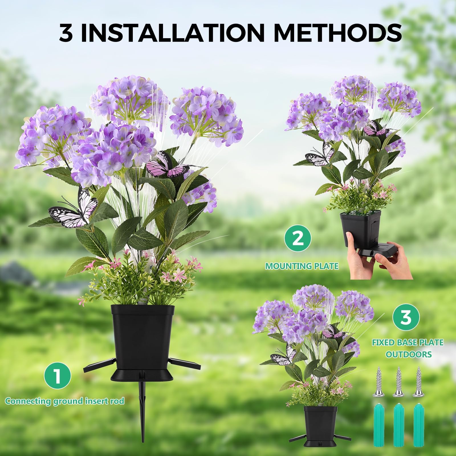 Aukora Solar Garden Lights Potted Outdoor With 7 Lights, Hydrangeas, Butterfly & 7-Color Changing Optical Fiber, Decorative Sola