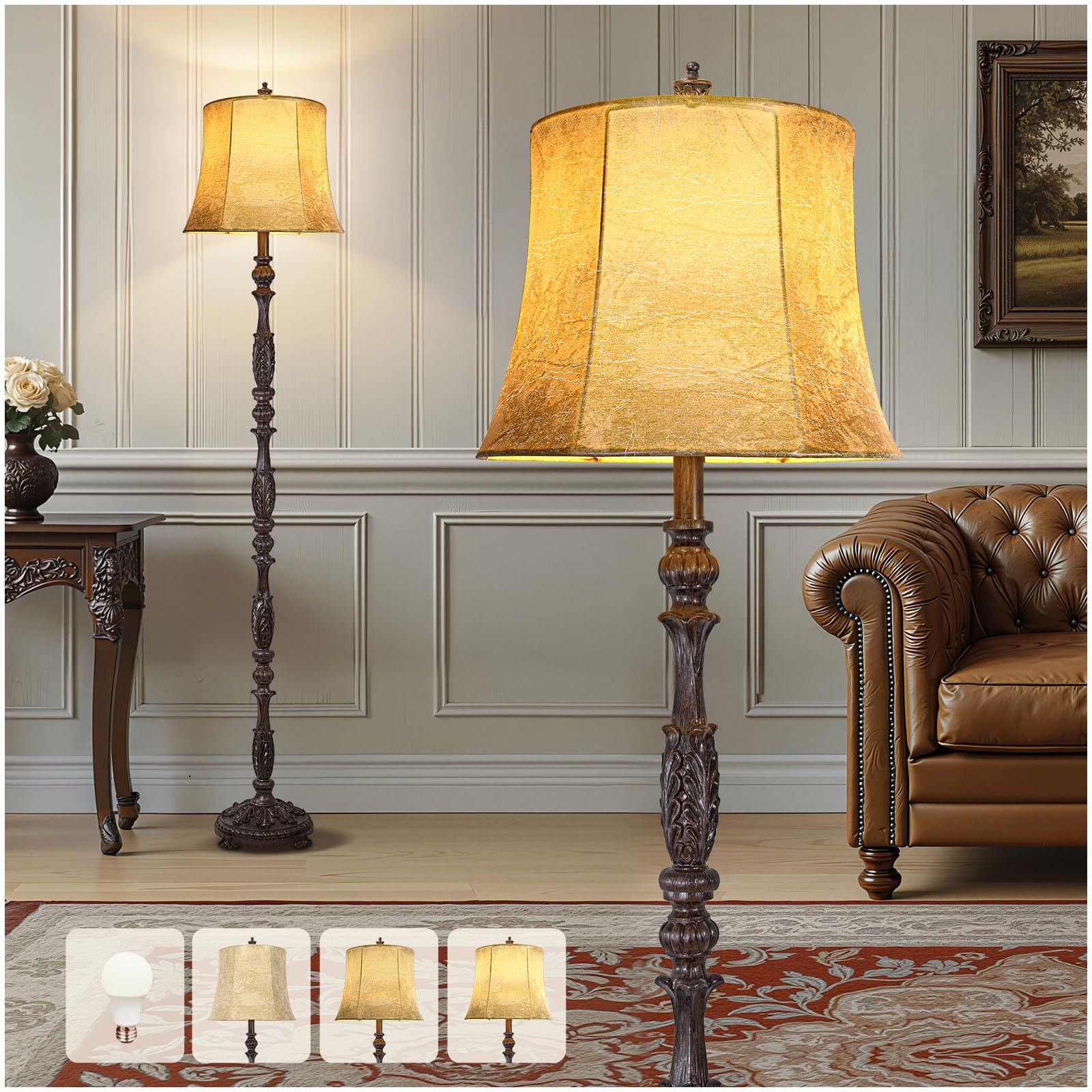 Scenekoy Vintage Floor Lamp, 66·Tall, Dark Brown Resin, Faux Leather Shade, 3-Way Adjustable, Model SL038