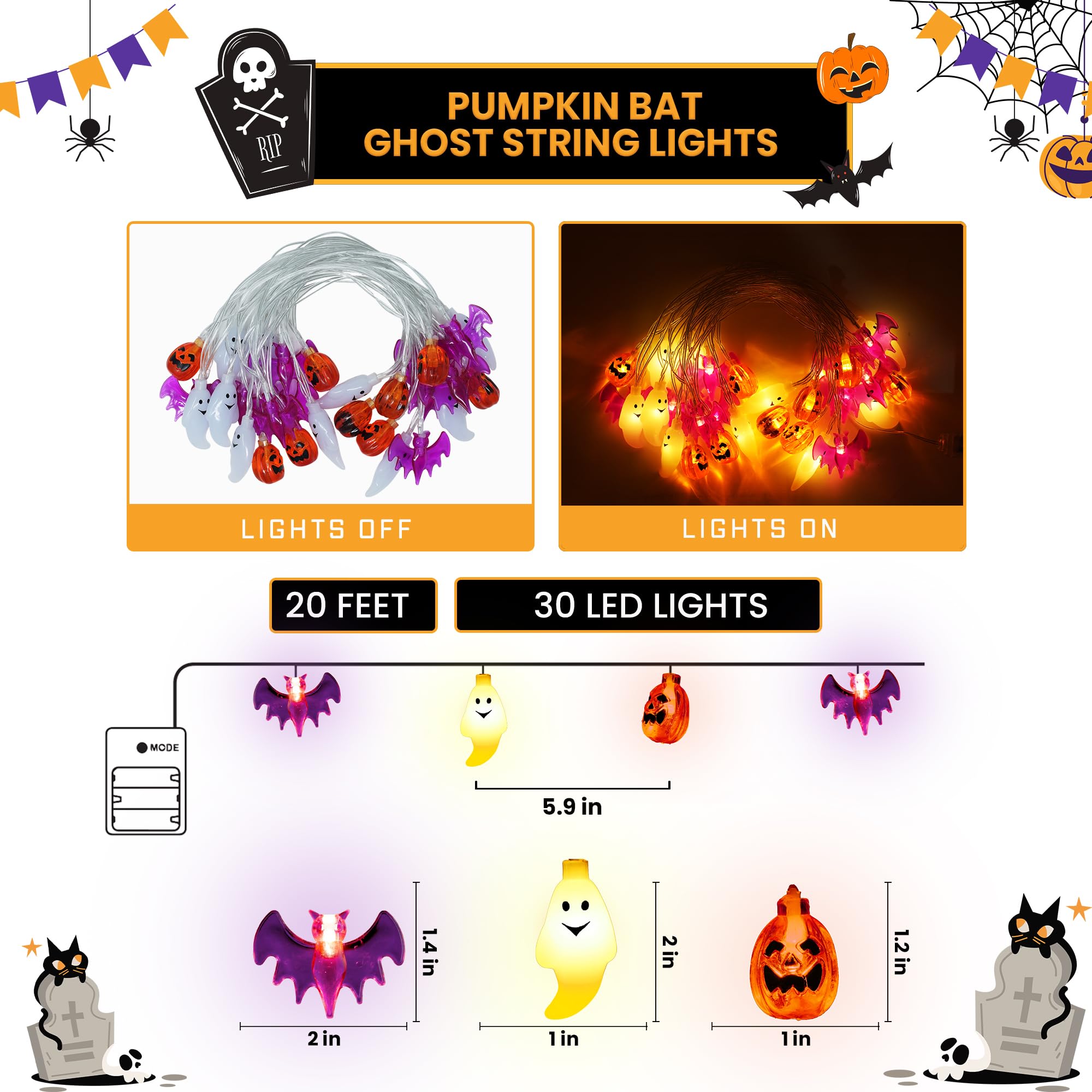 KatchOn Halloween String Lights - 30 LED, 20 Feet, Bat and Ghost, Plastic Decor for Outdoor Yard and Golf Cart