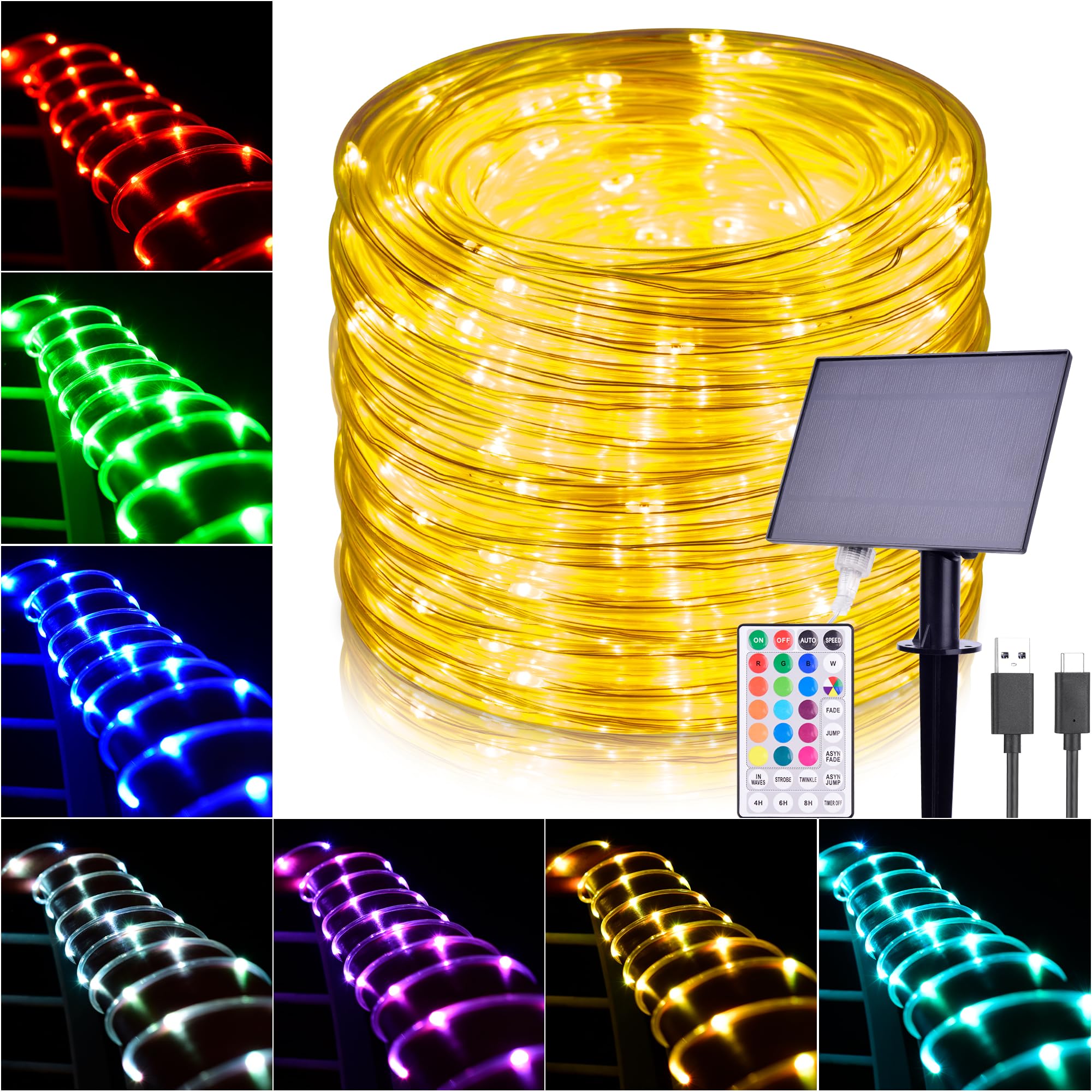Hozplex Solar Rope Lights Outdoor Waterproof  66Ft 200 LED String Light Fairy Solar Powered & USB with Remote  18 Colors Changing Fairy Lighting for Outside Indoor Trampoline Patio Christmas Decor