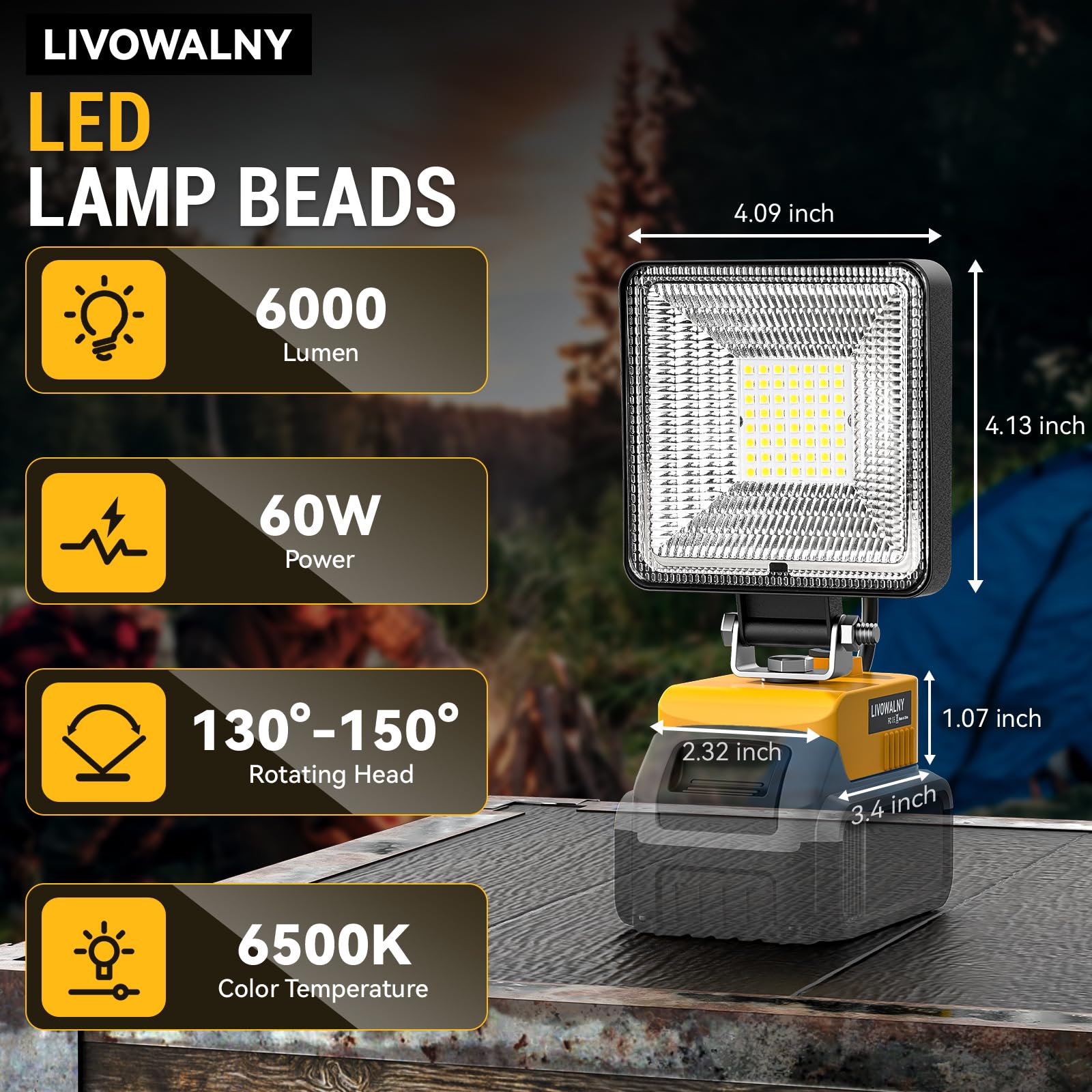 LIVOWALNY 2 PCS Cordless LED Work Light, 30W 3000LM, Dewalt 20V Battery Compatible, USB & Type-C Charging, Portable Flood Flashlight