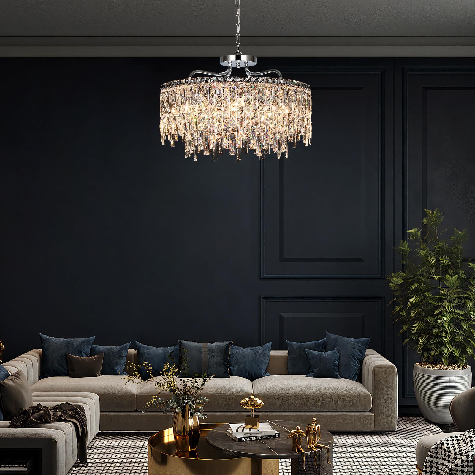 NISIDUN 24" Luxury Crystal Chandelier, 8-Light Chrome Pendant Lighting for Dining Room, Living Room, Bedroom, Model G60250312