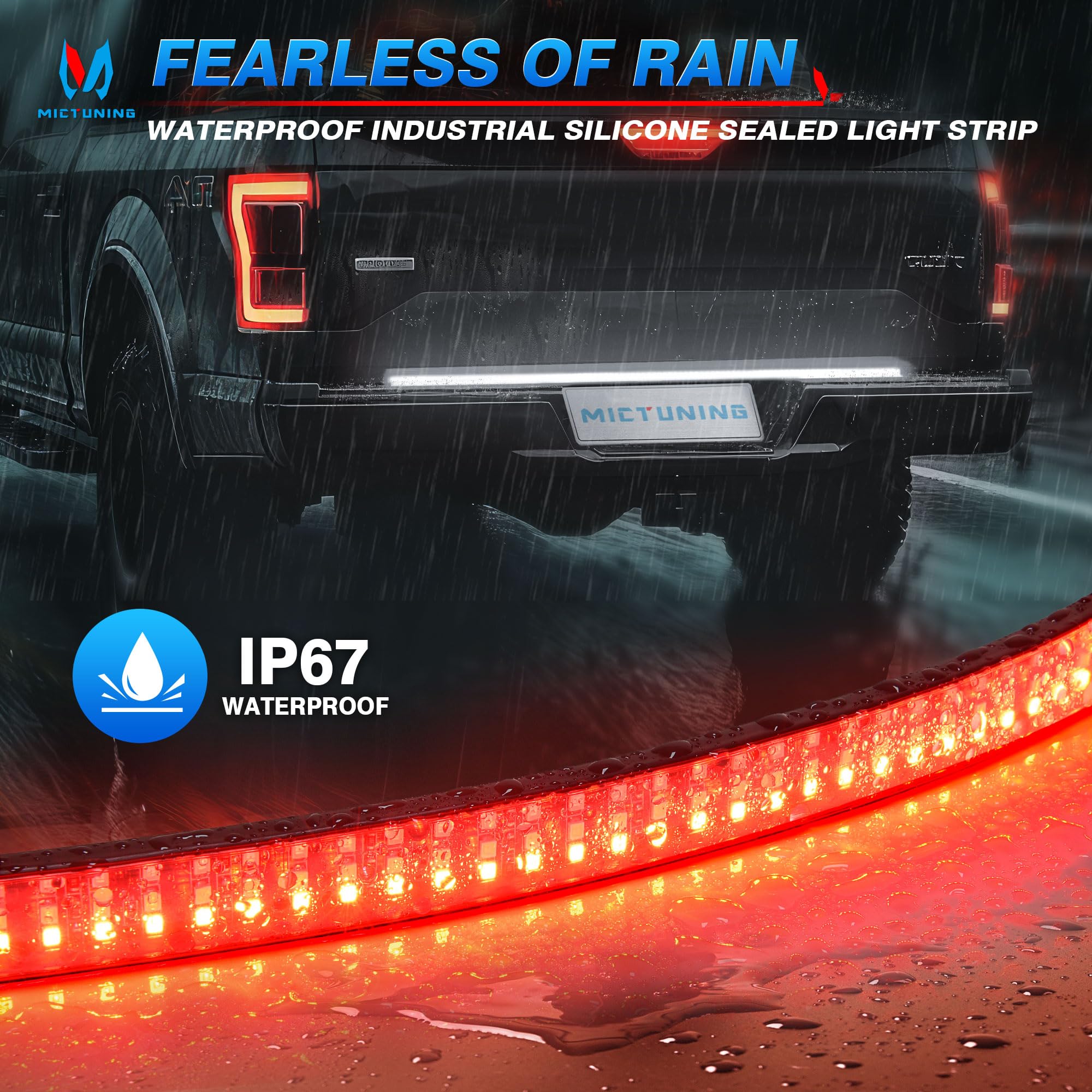 MICTUNING 48" Truck Tailgate Light Strip - Red LED, IP67 Waterproof, Sequential Turn Signal, Strobe & White Reverse Lighting