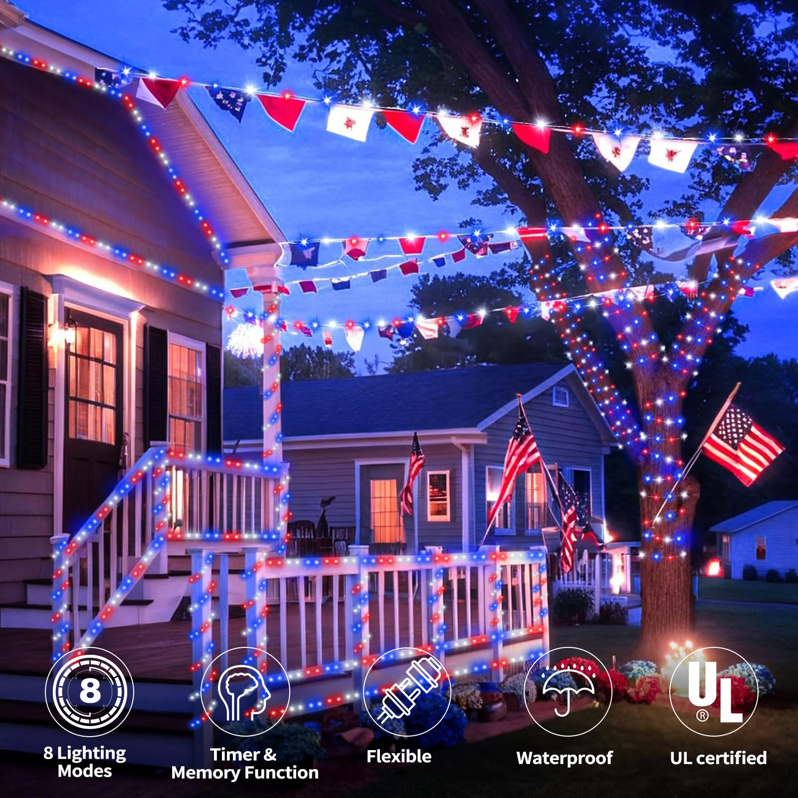 Jnaurb 150ft LED Rope Lights Outdoor, 1080 LEDs, Waterproof, 8 Modes, PVC Tube, Red & White & Blue