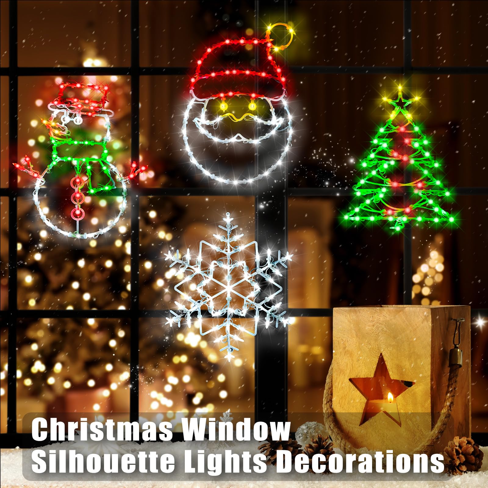 LOCYFENS Christmas Window Lights - 16.5" LED Decorations, Multicolor, 4 Pack - Tree, Snowflake, Santa & Snowman Designs