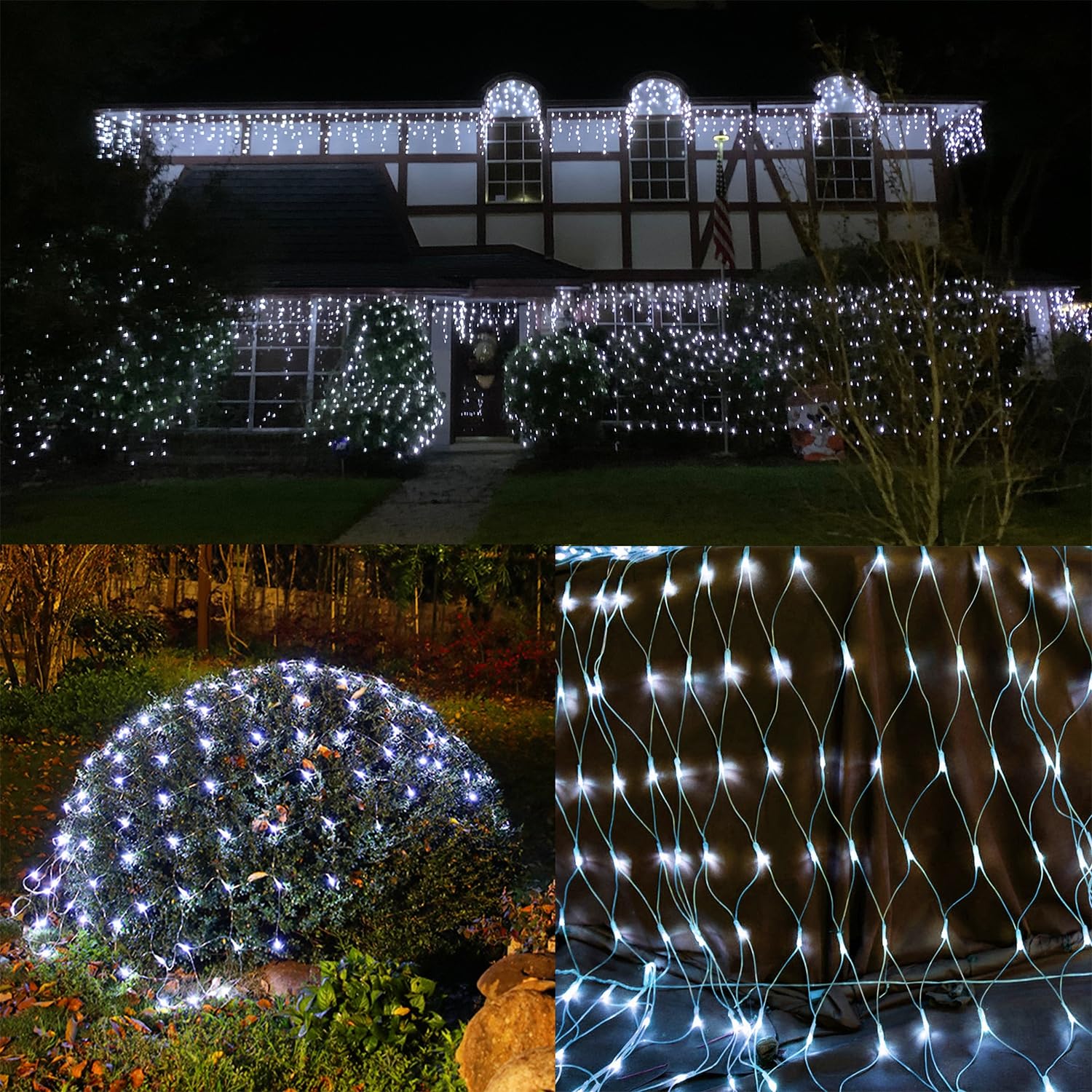 WATERGLIDE 12FT x 5FT Outdoor Christmas Net Lights, 360 LED White Mesh String Light, 8 Lighting Modes, Waterproof for Garden Decor