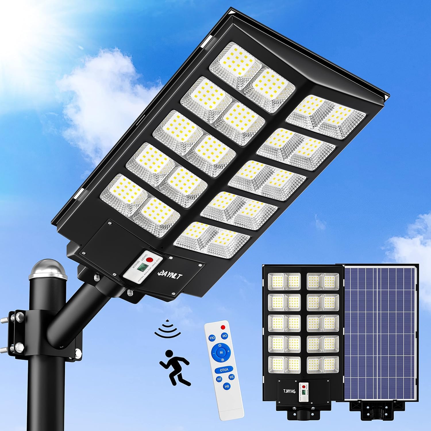Jaynlt Solar Street Lights 520000Lm 6500K Dusk To Dawn Waterproof With Motion Sensor & Remote