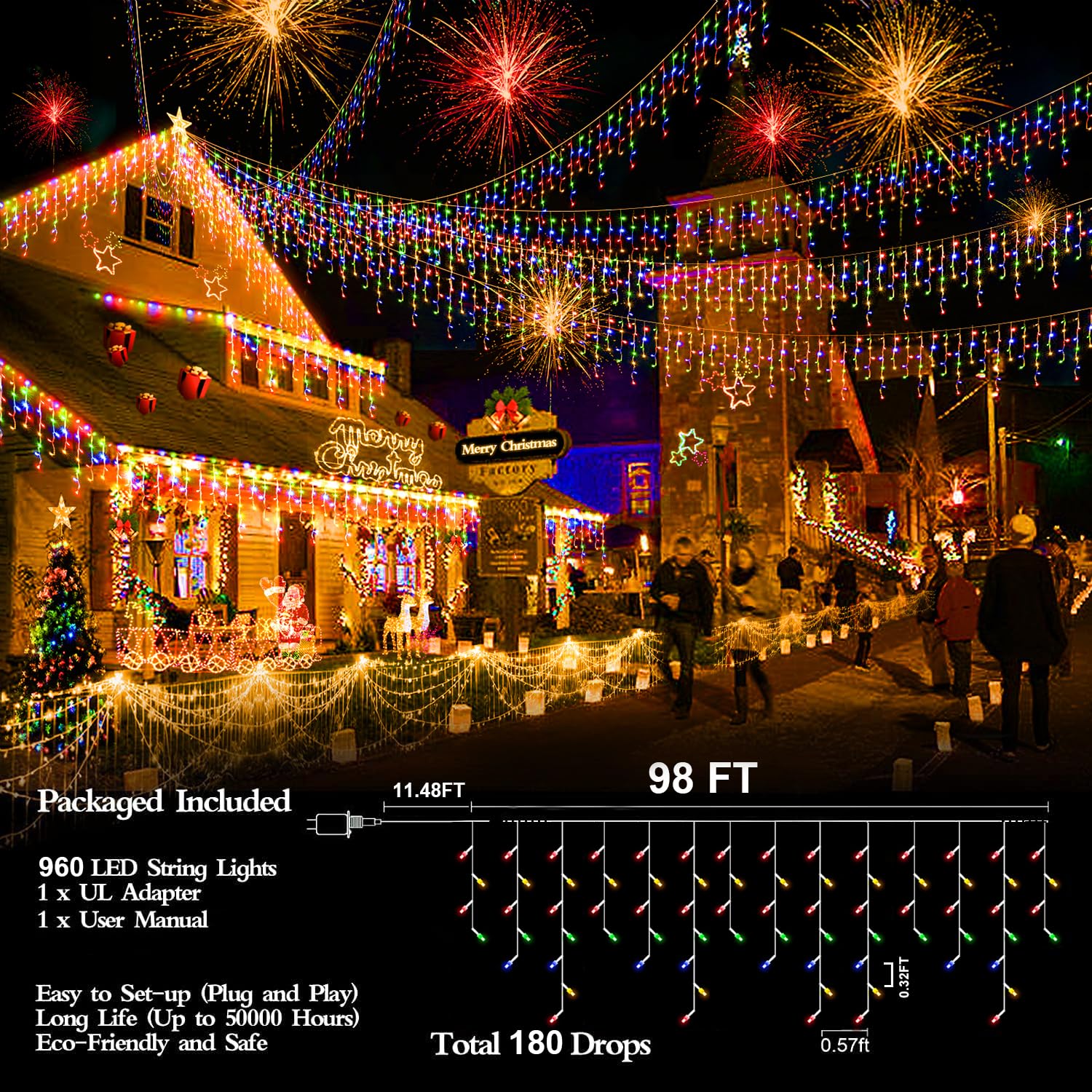 960 Led 98Ft Christmas Lights Plug In 8 Modes With Timer Dimmable Christmas Decorations Outdoor Waterproof Indoor Curtain String