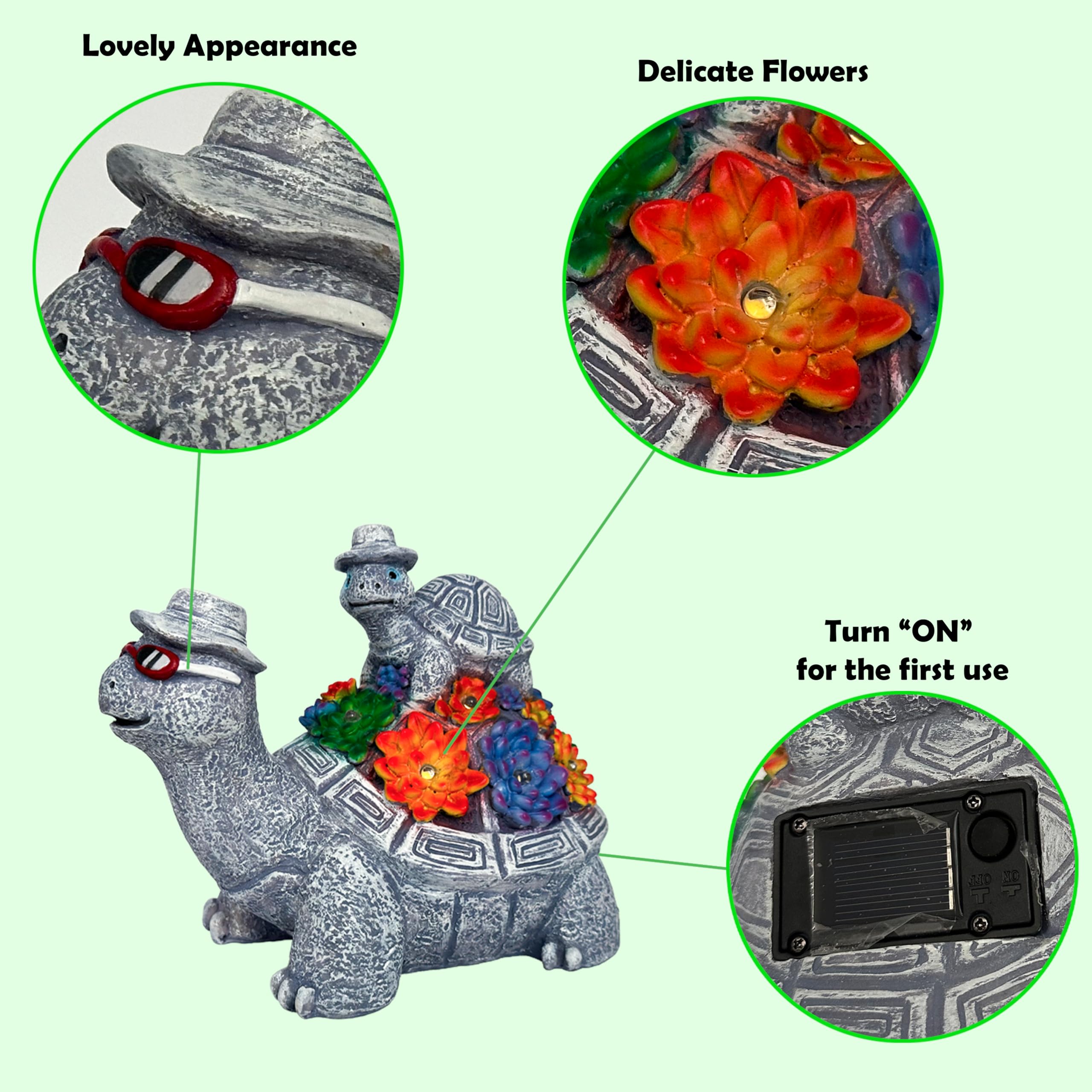 Solar Turtles For Outdoors -Cute Turtle Figurines With Baby For Yard Decorations Outdoor - Ideal For Anniversaries, Christmas, B