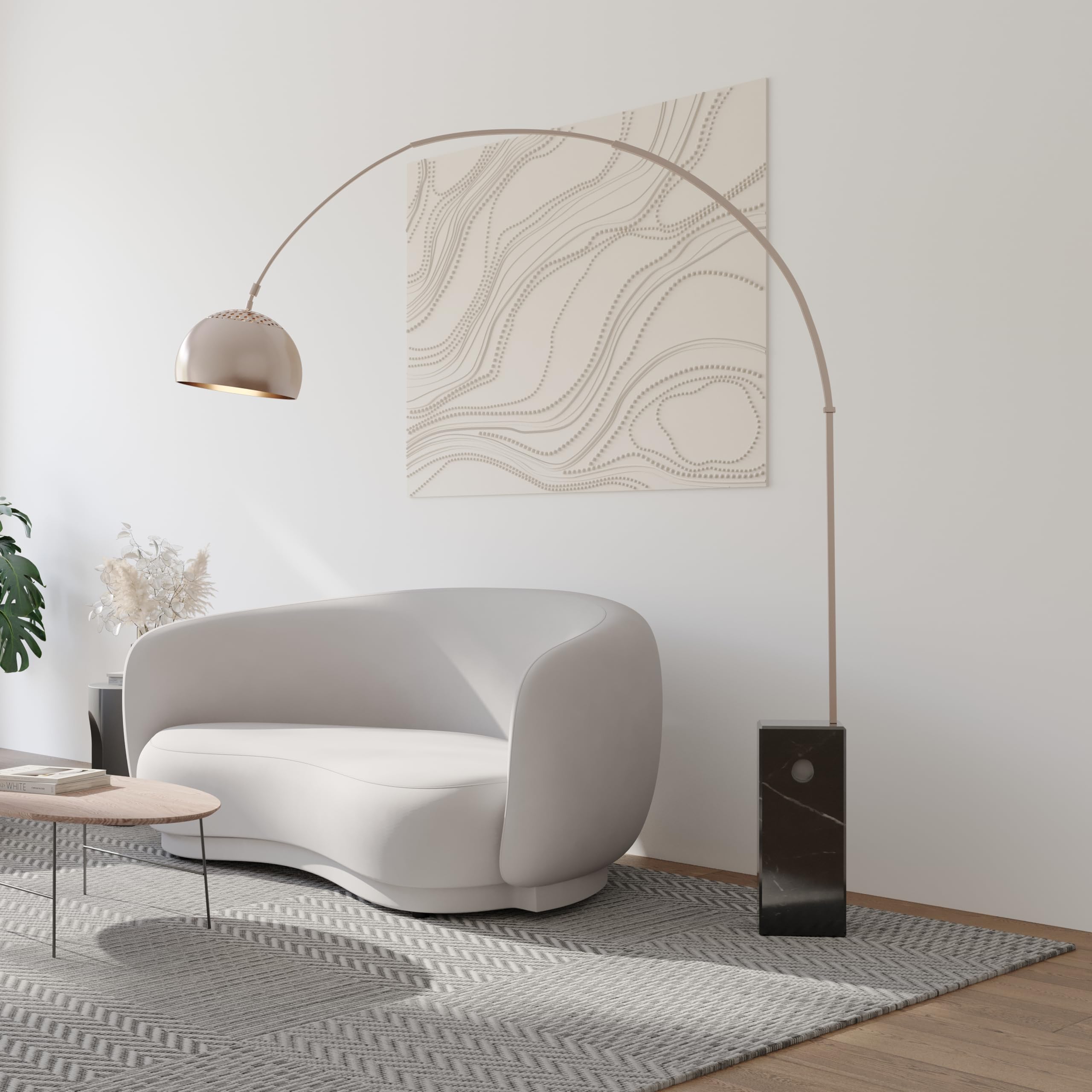 LeisureMod Floor Lamp - Italian Marble Base, Brushed Stainless Steel, 96"H, Black, Model AL22W, Ideal for Modern Home & Office