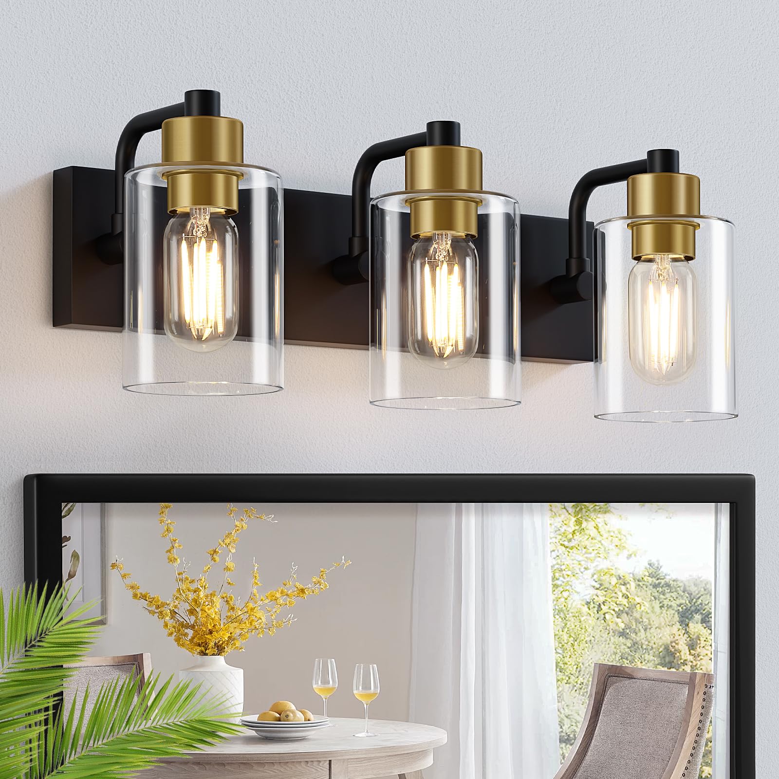 Dpyrrhic 3-Light Bathroom Light Fixtures, Matte Black and Gold, Metal, JD-188, Modern Wall Sconces with Clear Glass Shade