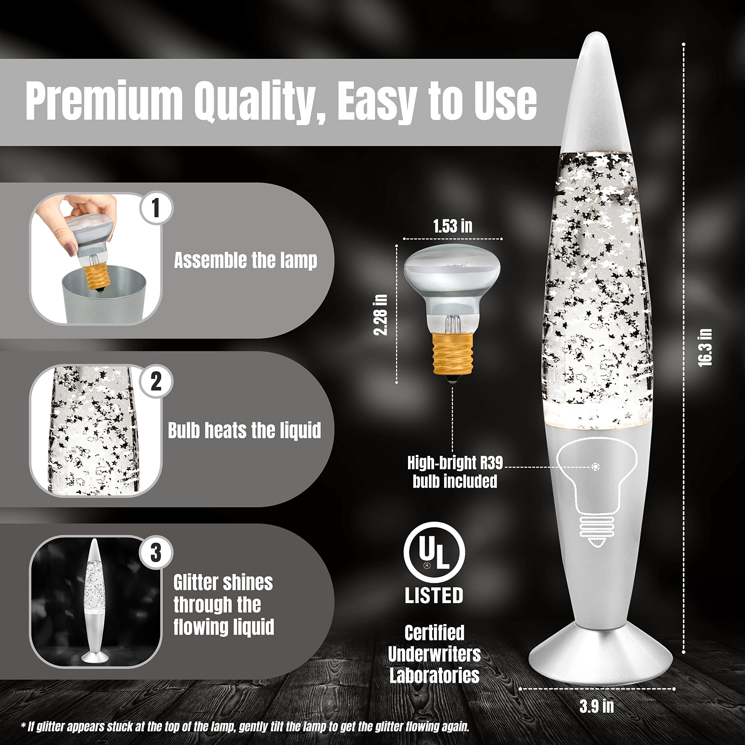 Jambo Glitter Lamp - 16-Inch Silver Star, Aluminum, Model 55000, Liquid Motion, Perfect for Holiday Gifts