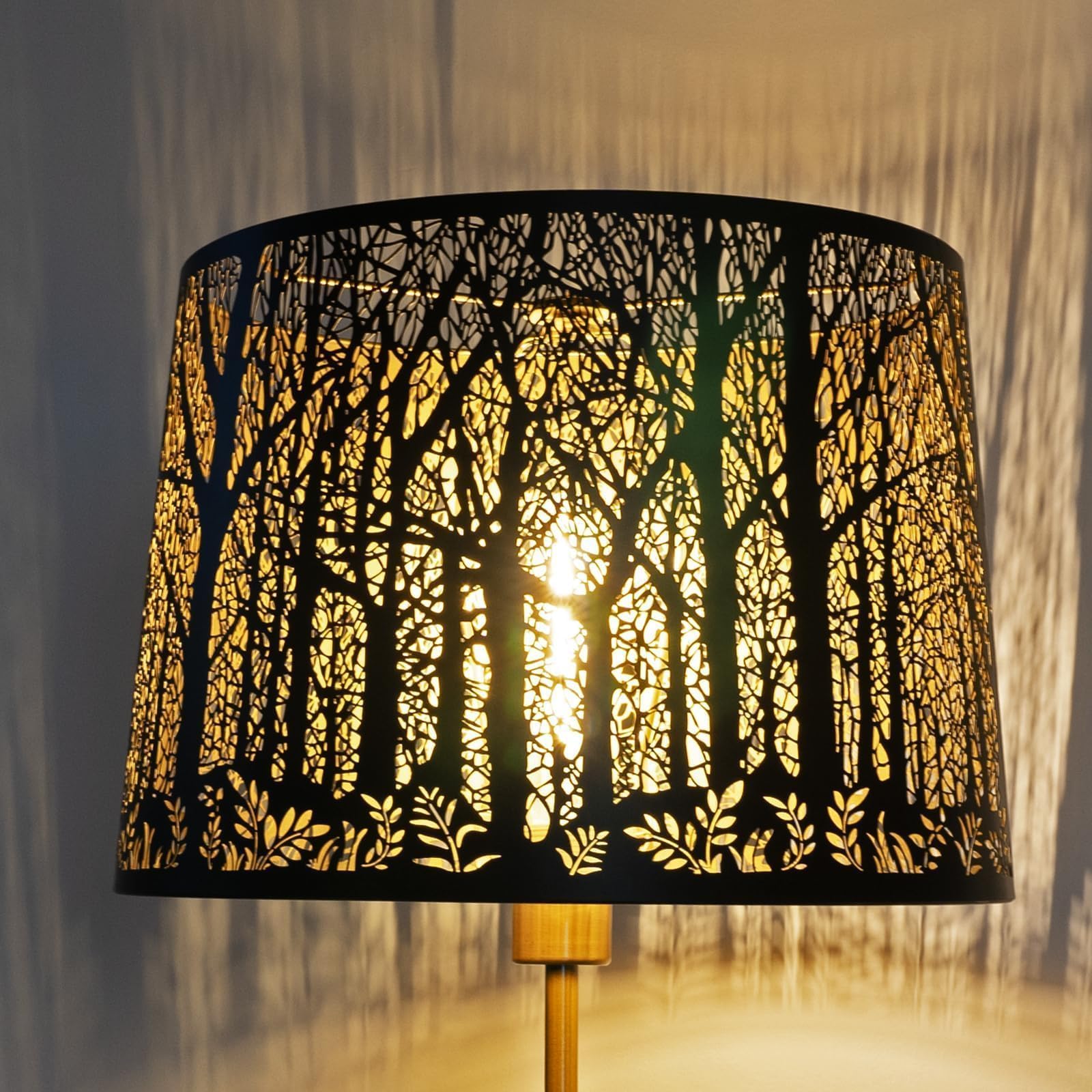 Oversized Large Lampshade Drum Metal Lamp Shade With Etched Metal Openwork Dense Jungle Pattern 14 Top X 16 Bottom X 11 High For