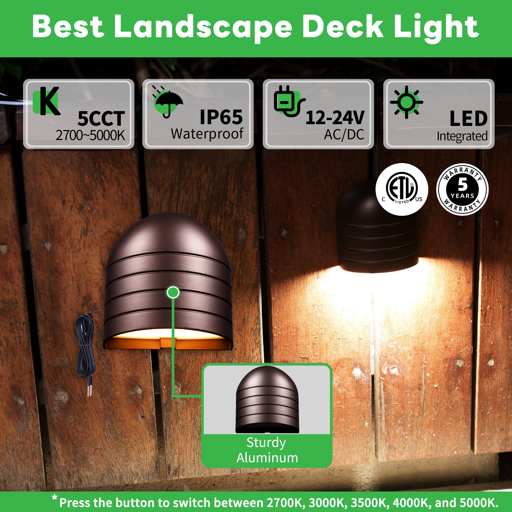 Varmtalys LED Landscape Step Lights - 2700K/3000K/3500K/4000K/5000K Selectable, Low Voltage Deck Lights, Outdoor Waterproof Alum