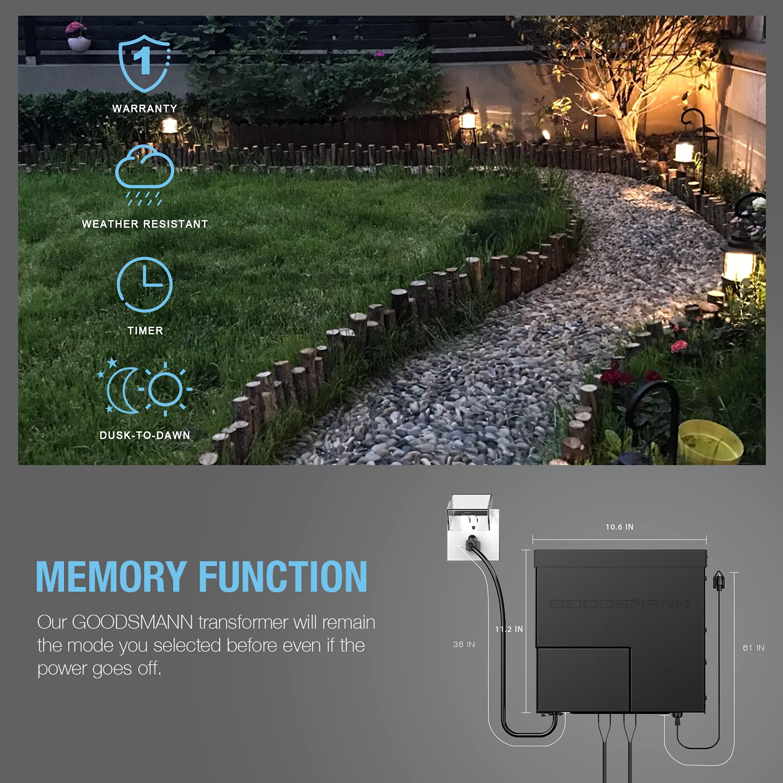 Goodsmann Low Voltage Transformer 600W Landscape Lighting Power Pack With Timer Photo Eye For Outdoor Lights 120V Ac To 12V Ac 9111-60001-01A