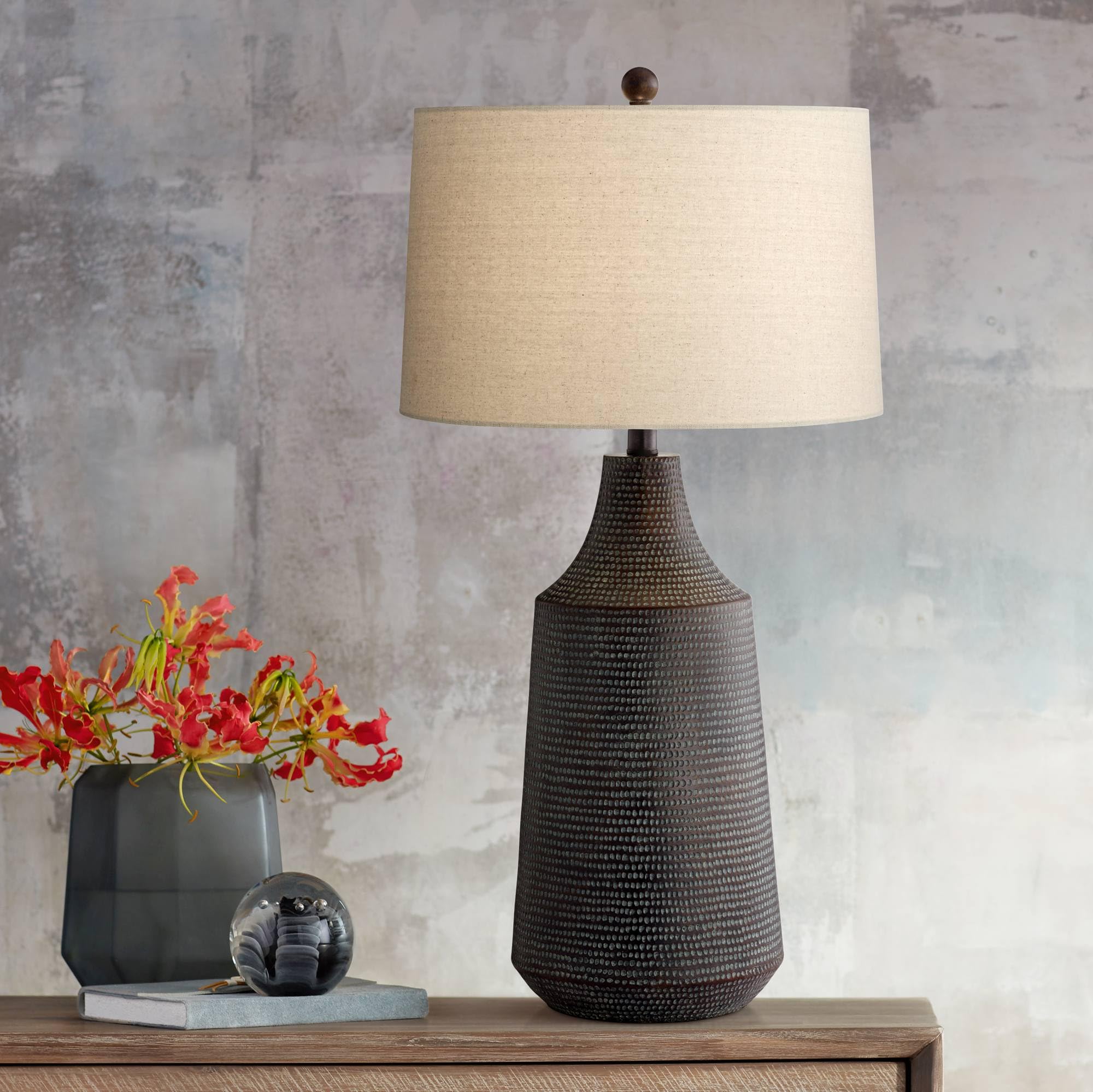 Franklin Iron Works Rocco 30 Tall Hammered Jar Large Modern End Table Lamp Black Finish Single Linen Oatmeal Shade Living Room B