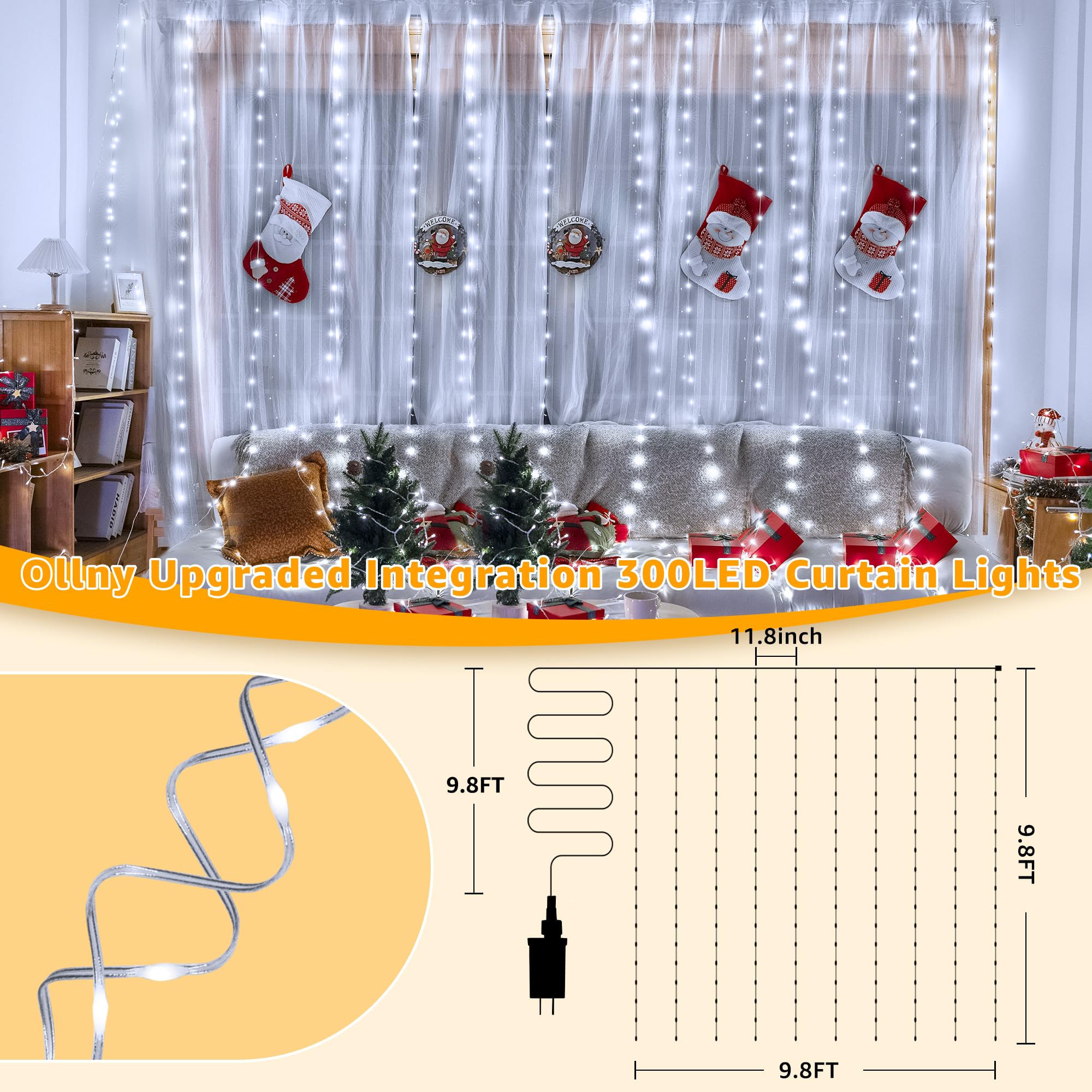 Ollny Curtain Lights 300Led 9.8Ftx9.8Ft  Connectable Ip67 Waterproof Outdoor Curtain String Lights With Remote  Plug-In Untangle Fairy Lights With 8 Modes 3 Timers For Wall Backdrop Decor(Cool White)