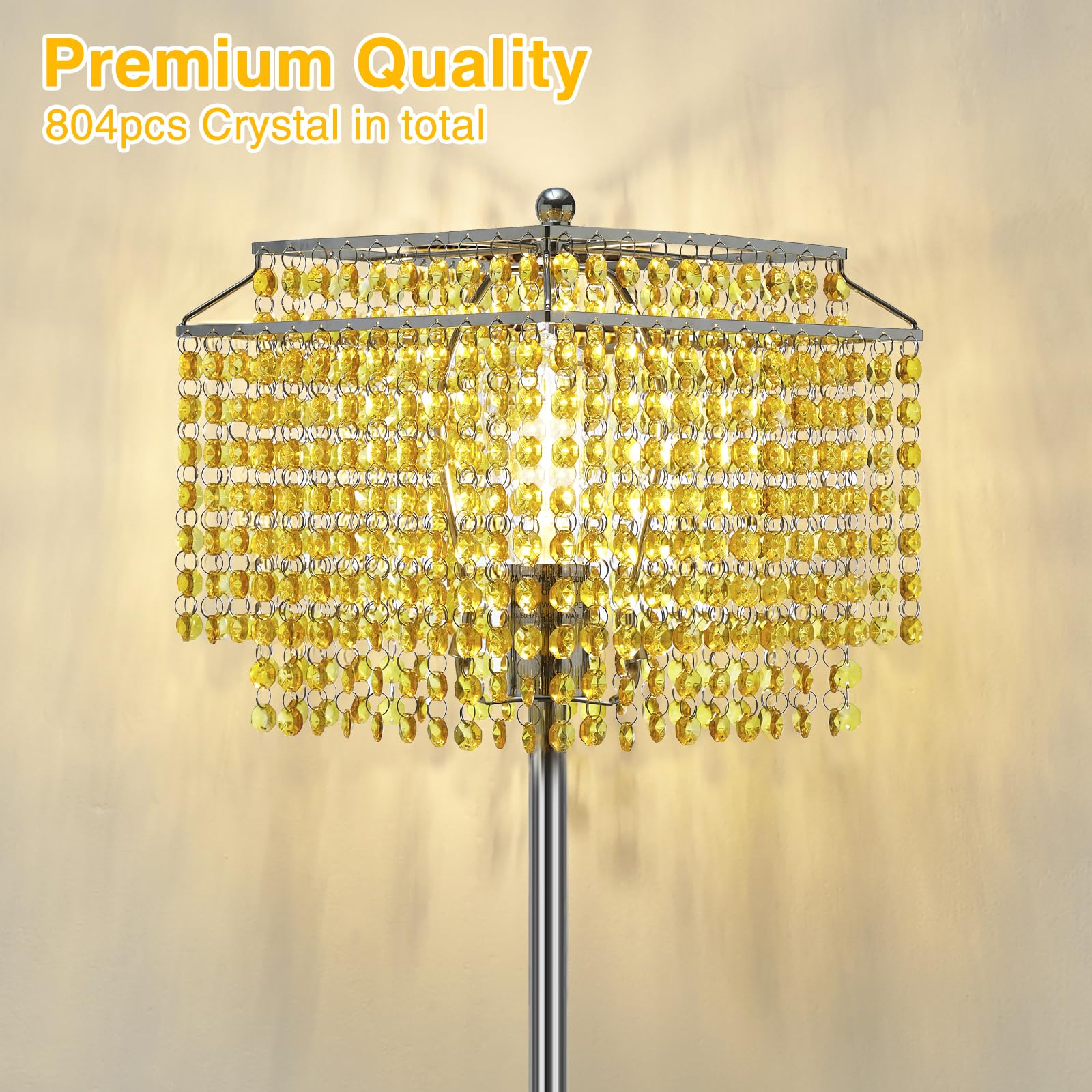 Luvkczc Crystal Floor Lamp Yellow, 64'' Tall Elegant Standing Lamp With On-Off Foot Switch, Double-Layer Lampshade, Standing Lam