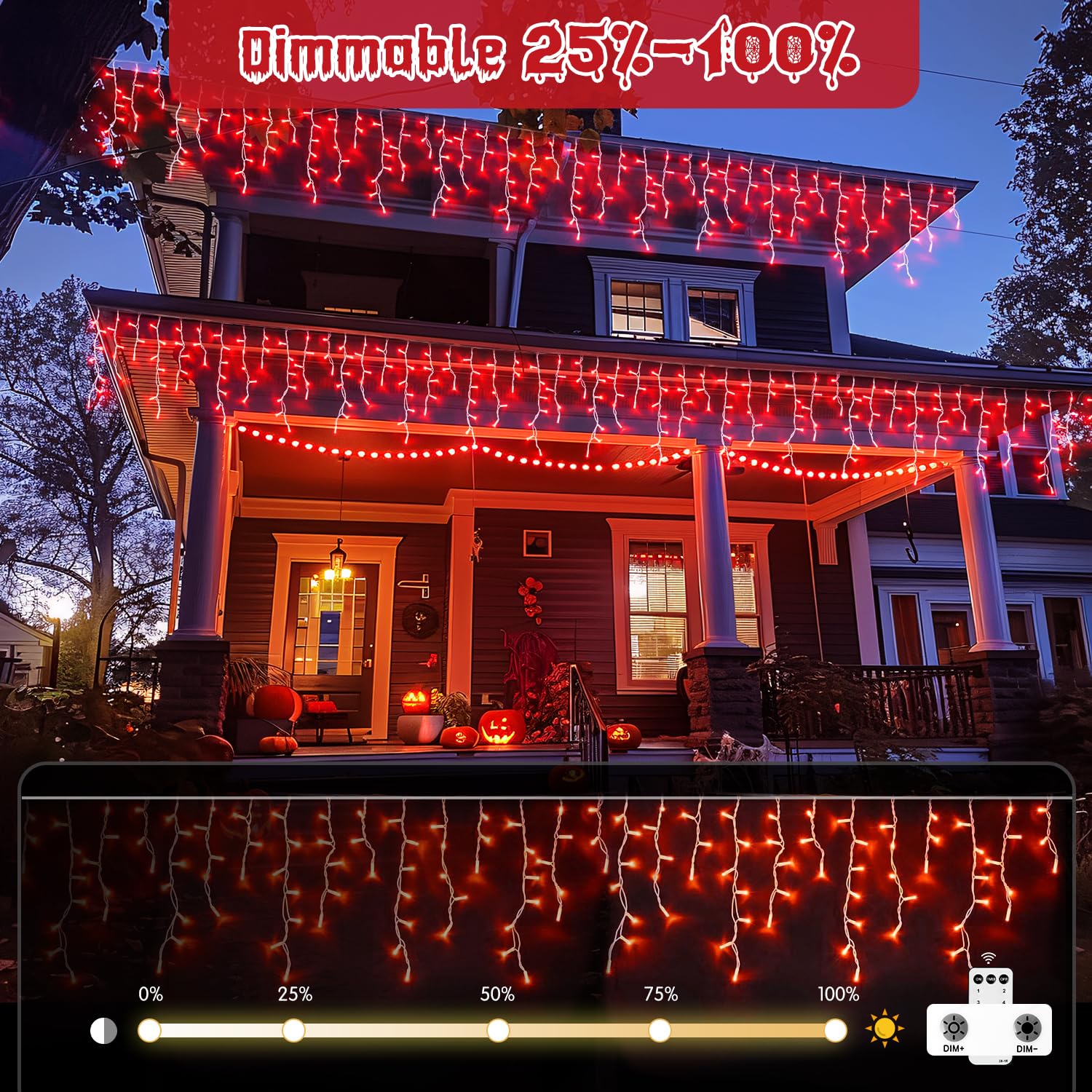 JMEXSUSS 400 LED Red Icicle Lights, Connectable Indoor/Outdoor, Remote Control, 38.8FT, Rubber, Model EXS-I-0400-R