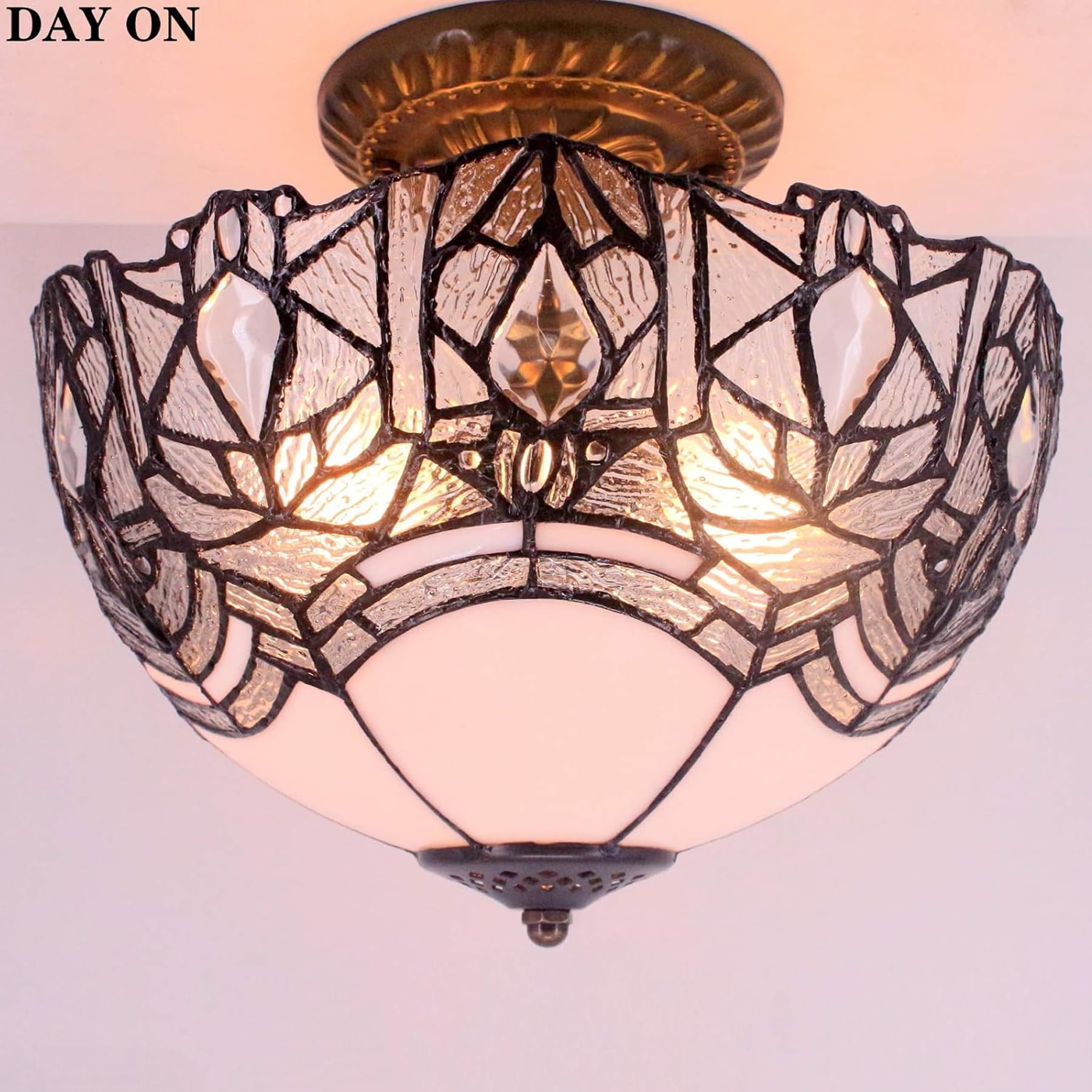 Werfactory Tiffany Ceiling Light Fixture, Crystal Bead, 12X11 Inch, White Stained Glass, Semi Flush Mount, S508W Series